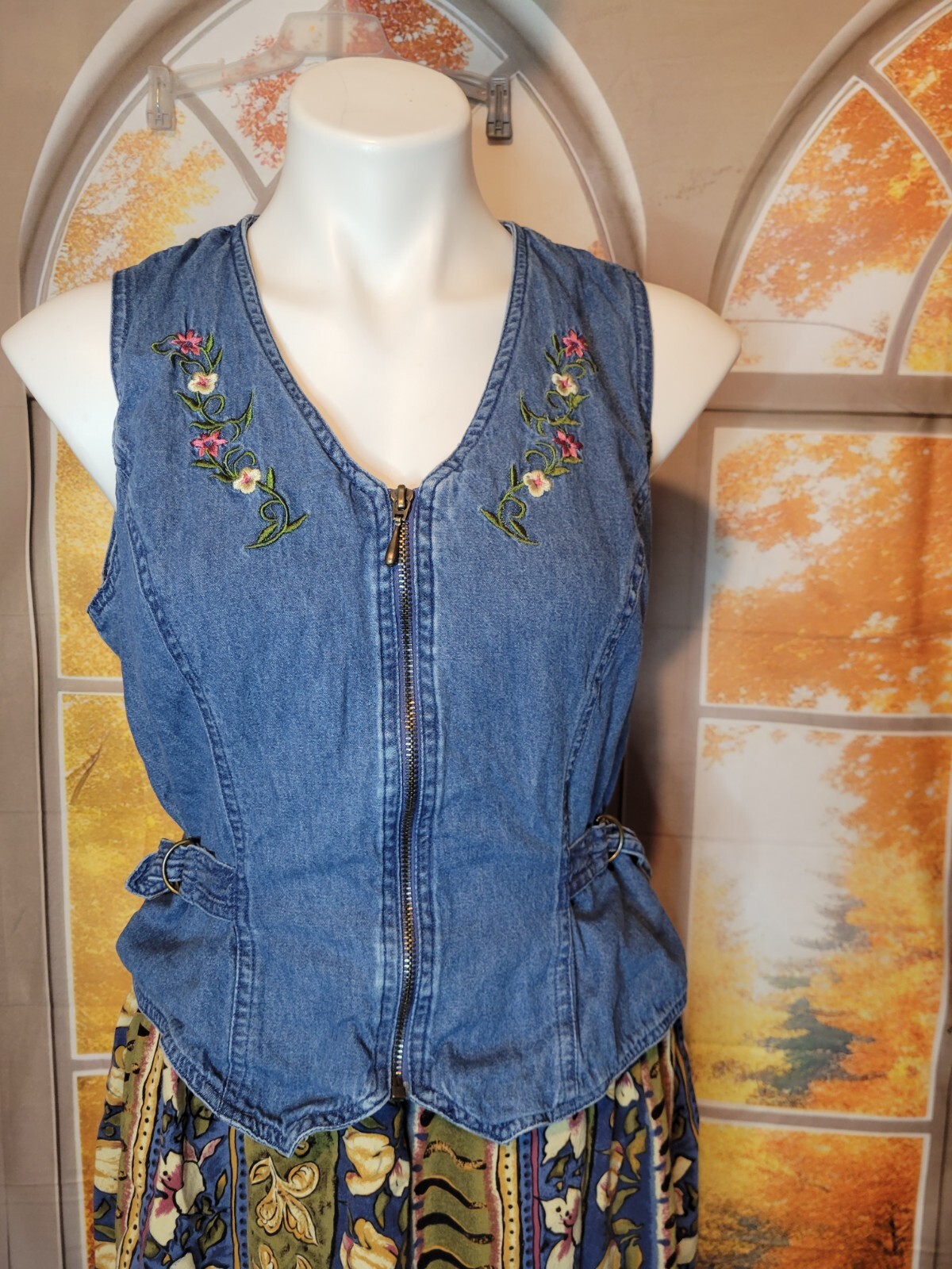 Retro combo jeans maxi dress, Vintage 90s retro denim & fabric Zip Up Sz 12