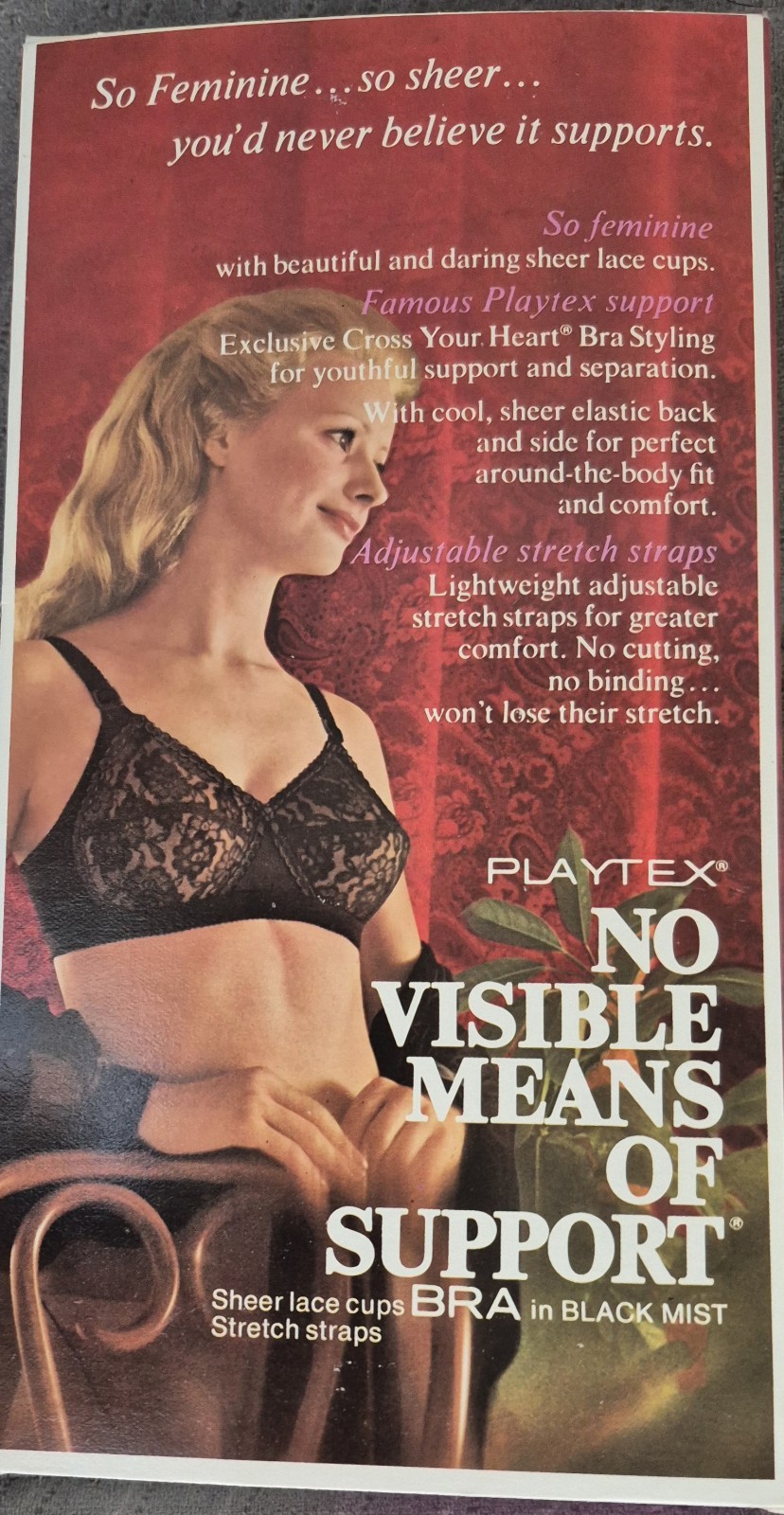 1972 PLAYTEX NO VISIBLE MEANS OF SUPPORT BRA 1148 BLACK MIST 36B New In Box