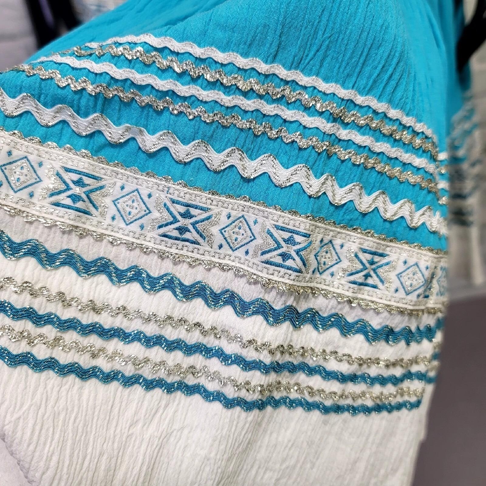 Vintage 70s Blue White Crinkle Cotton Skirt Wrap Top Set Boho Folk Square Dance