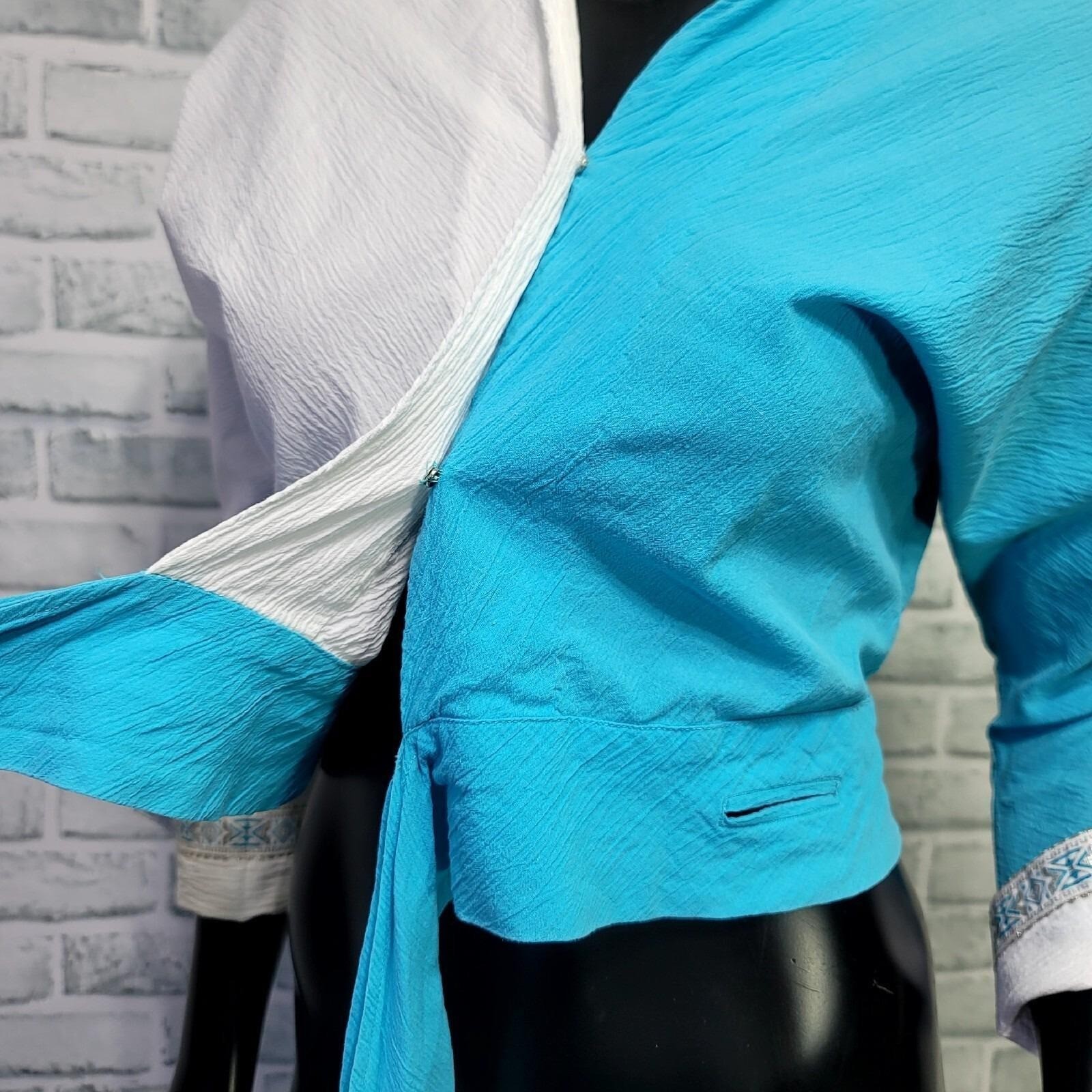 Vintage 70s Blue White Crinkle Cotton Skirt Wrap Top Set Boho Folk Square Dance
