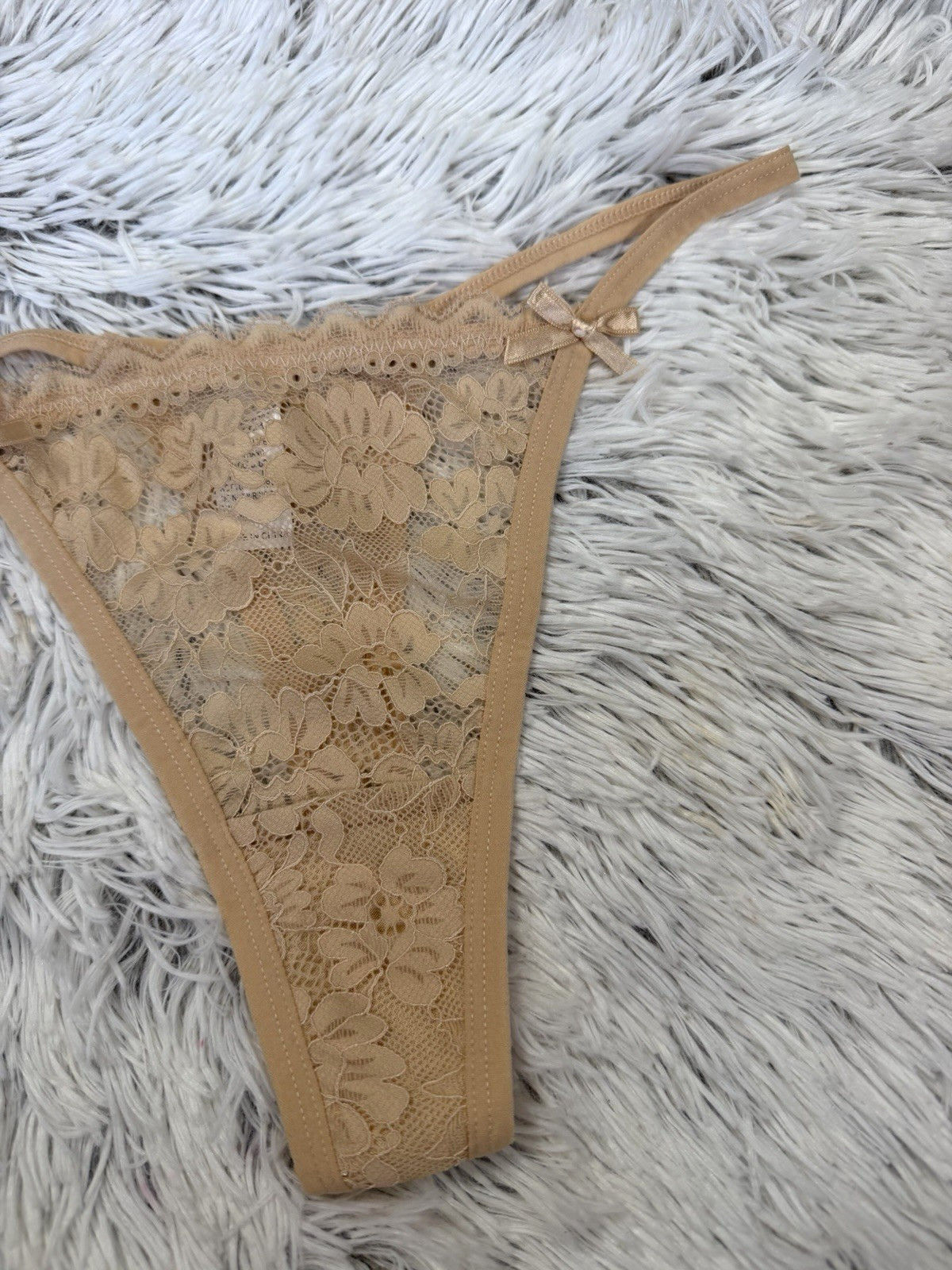 Women’s Lace Sz Small Thong String Panties floral brown Underwear w/ Bows