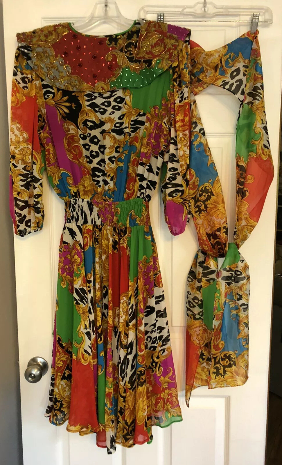 Vintage 80s Diane Freis Beaded Baroque Dress Ruffle Collar Puff Balloon Sleeves