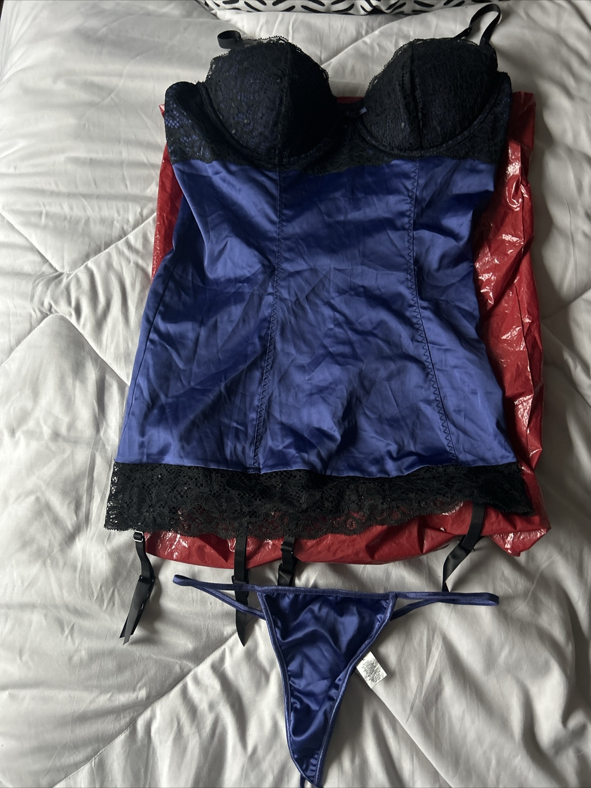 Fredricks Of Hollywood Silky Lace Blue And Black Lingerie Teddy Size L Thong L