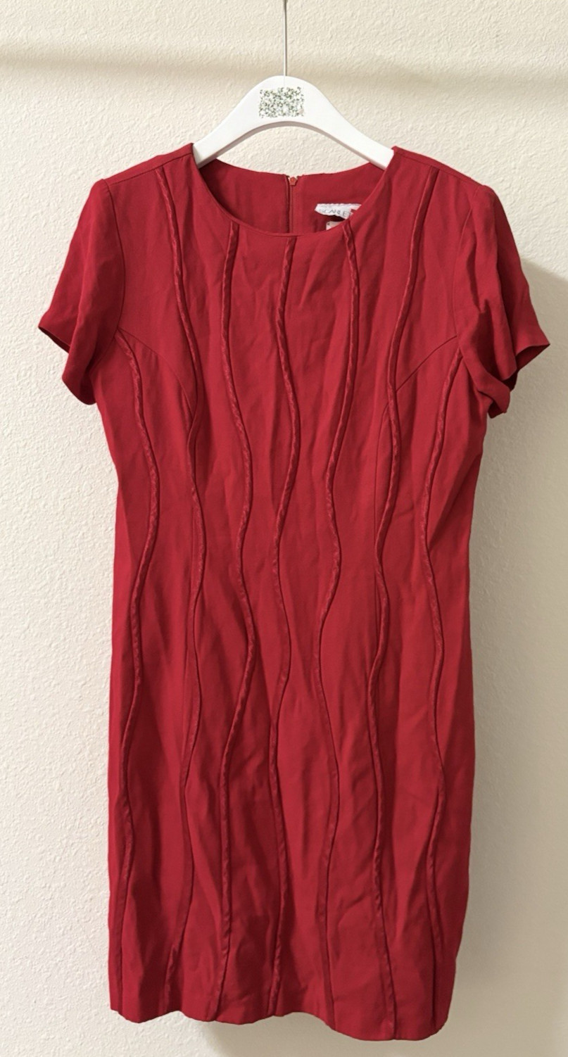 Vintage 80s Scarlett Red Wave Ribbon Pattern Dress Short Sleeve Women’s 9 10