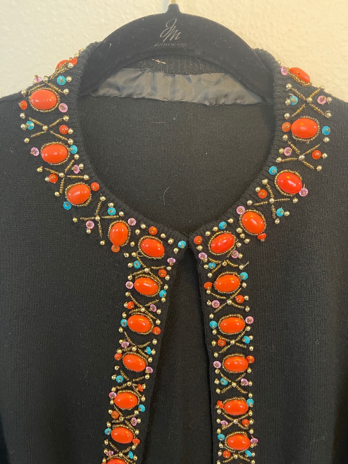 CERVELLE Sweater Beaded Embellished Open Cardigan Ramie Cotton Black Vintage L