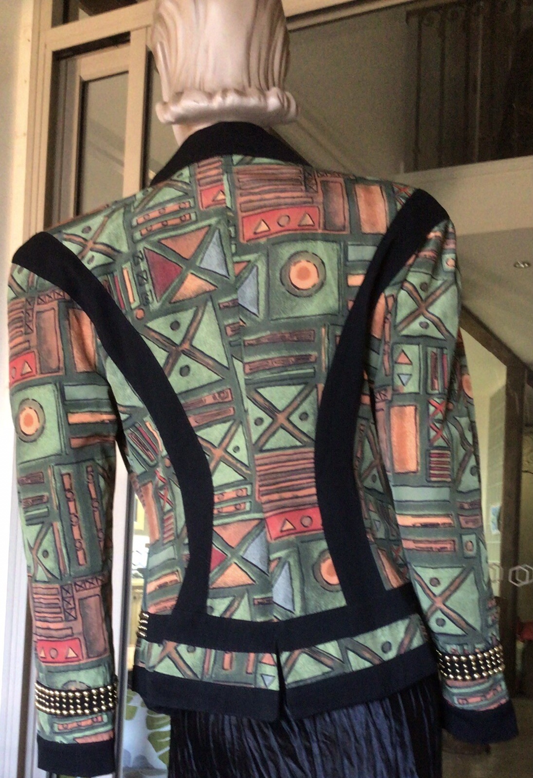 Vtg 80s Green Geometric Print Asymmetric Wasp Waist Gold Stud Peplum Jacket 10