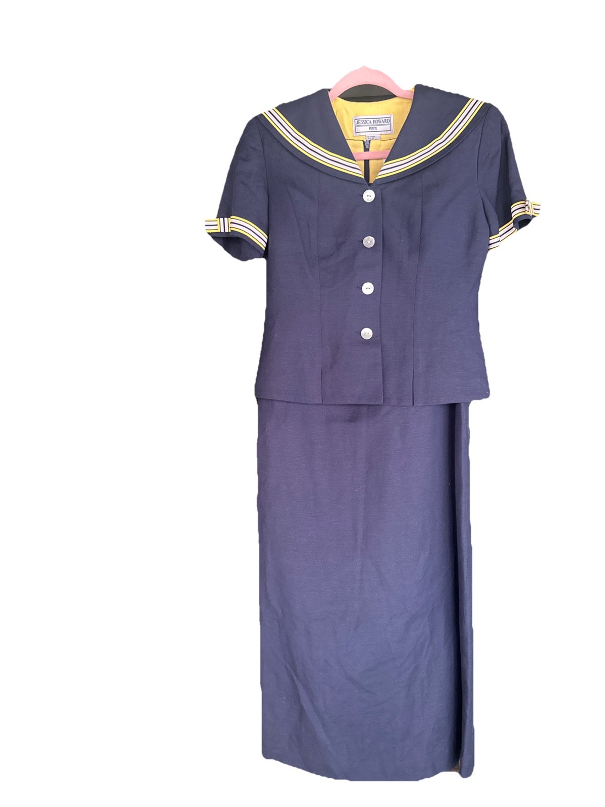 Vtg Jessica Howard 2 Pc Dress & Top 4P Navy Blue Sailor Linen Maxi Versatile $94