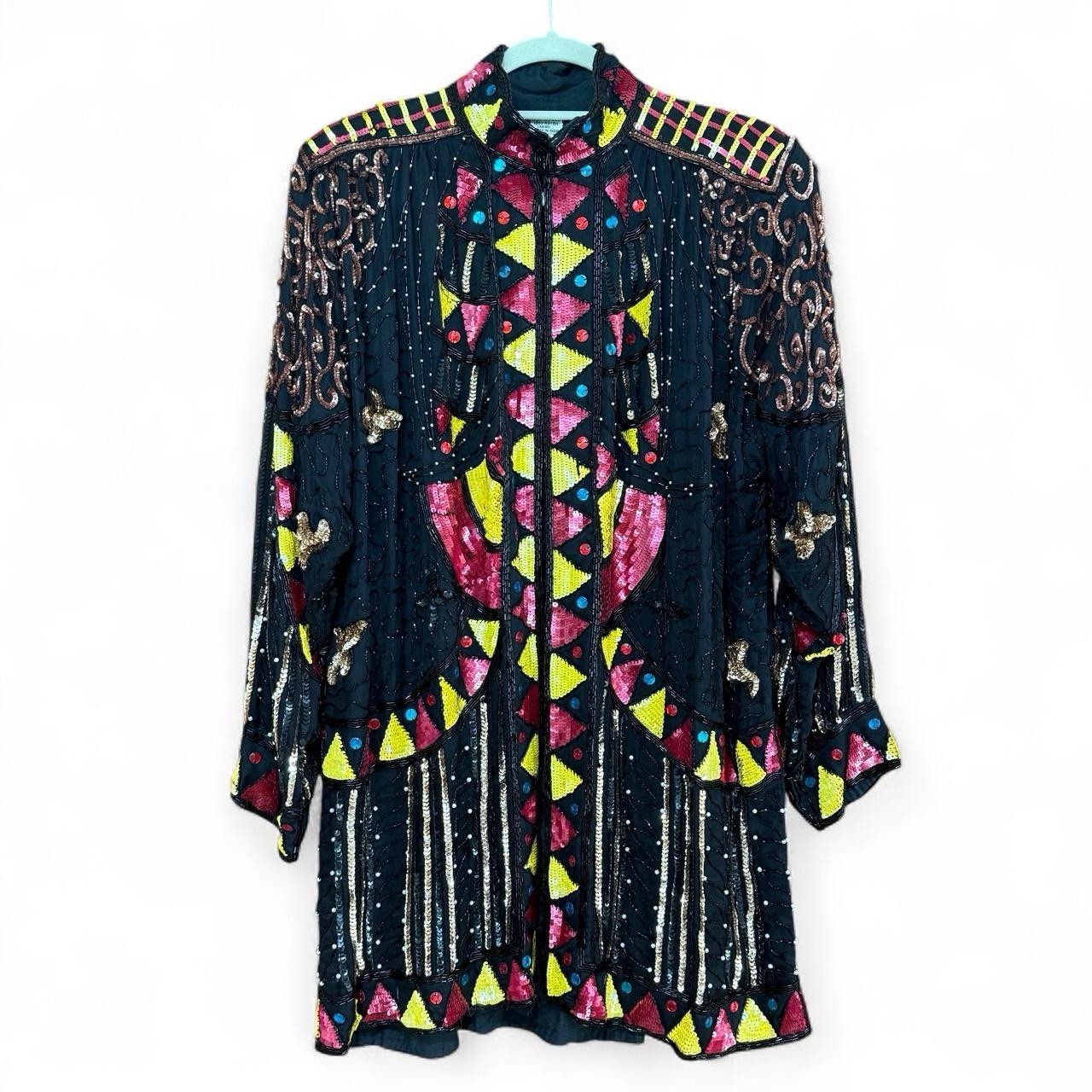 Vintage 100% Silk Hand Beaded Sequin Jacket Duster Made in India Free Size