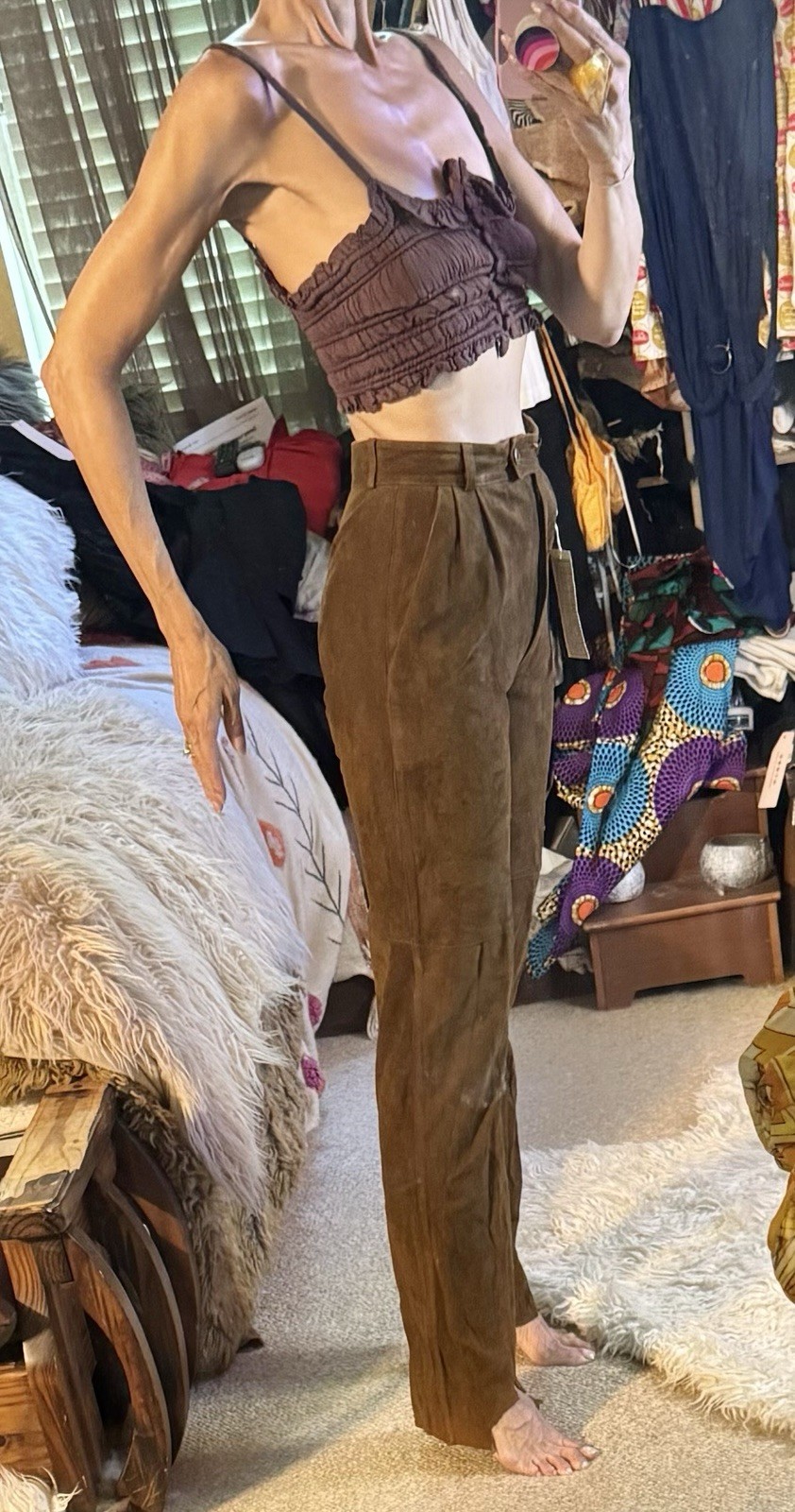 Vtg Jenny France Suede Pants Trousers Pockets Piping Brown Leather XS Tags
