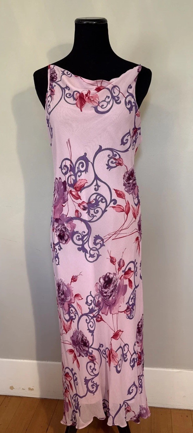 Vintage Y2K Floral Slip Dress Bias Cut Cowl Neckline Beading Best Fit M