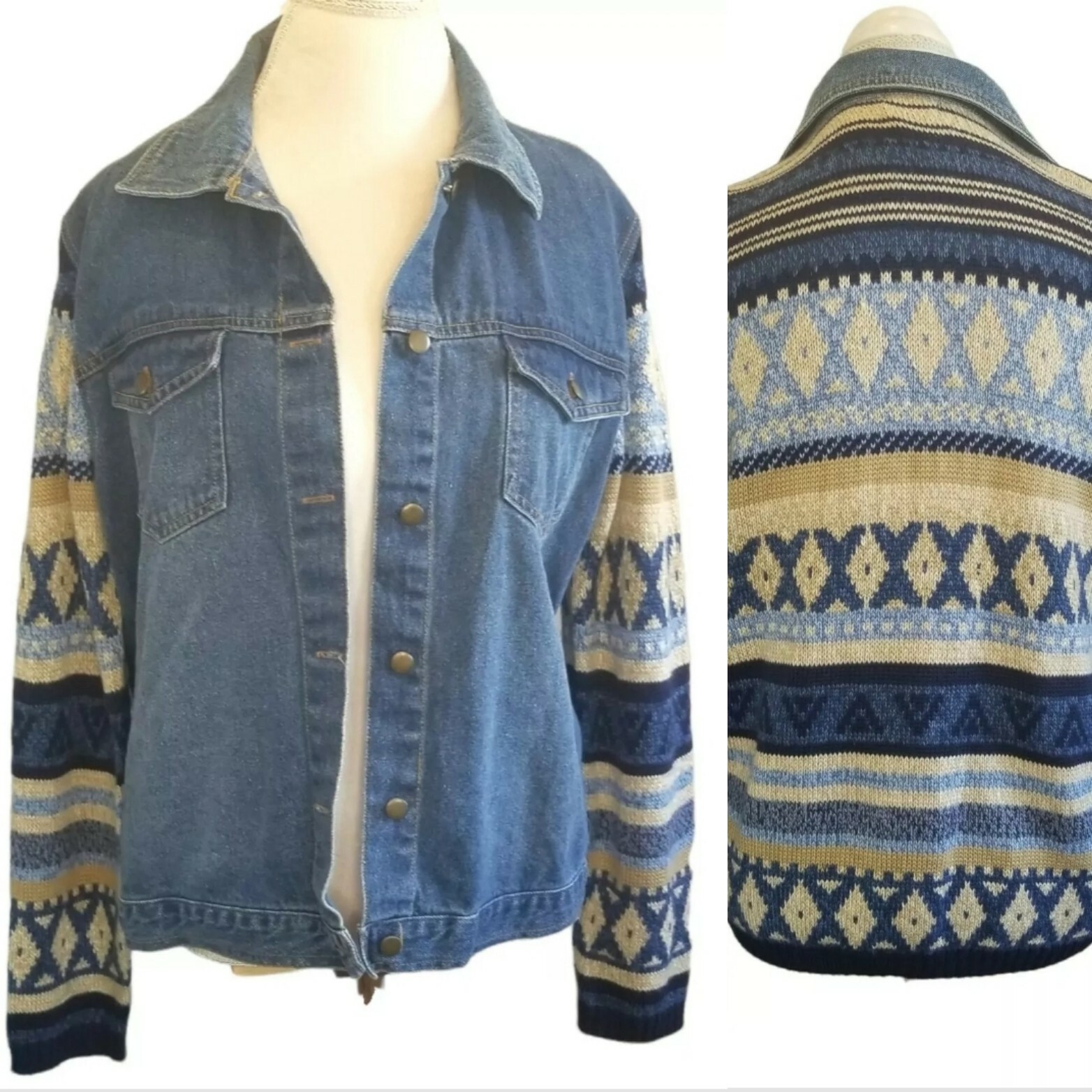 Vintage 90s Aztec Tribal Knit Jean Jacket Sz Large Blue Tan