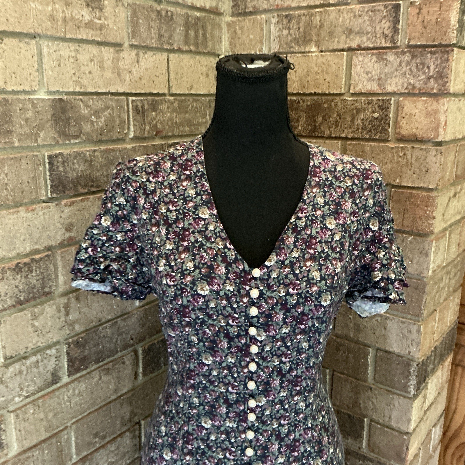 90s VTG DBY Ltd Floral Maxi Dress Button Front Tie Back V-Neck Size S Ditsy 33E7