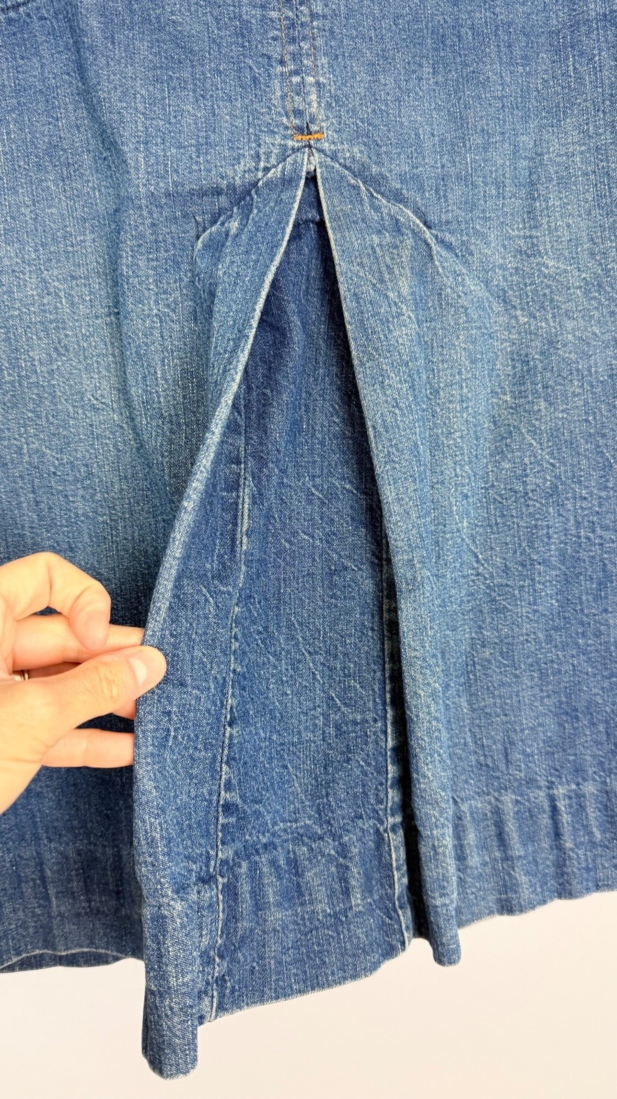 Vintage 70s Levi’s L Denim Midi Skirt Orange Tab Script Ribbon Tag 28″ Waist