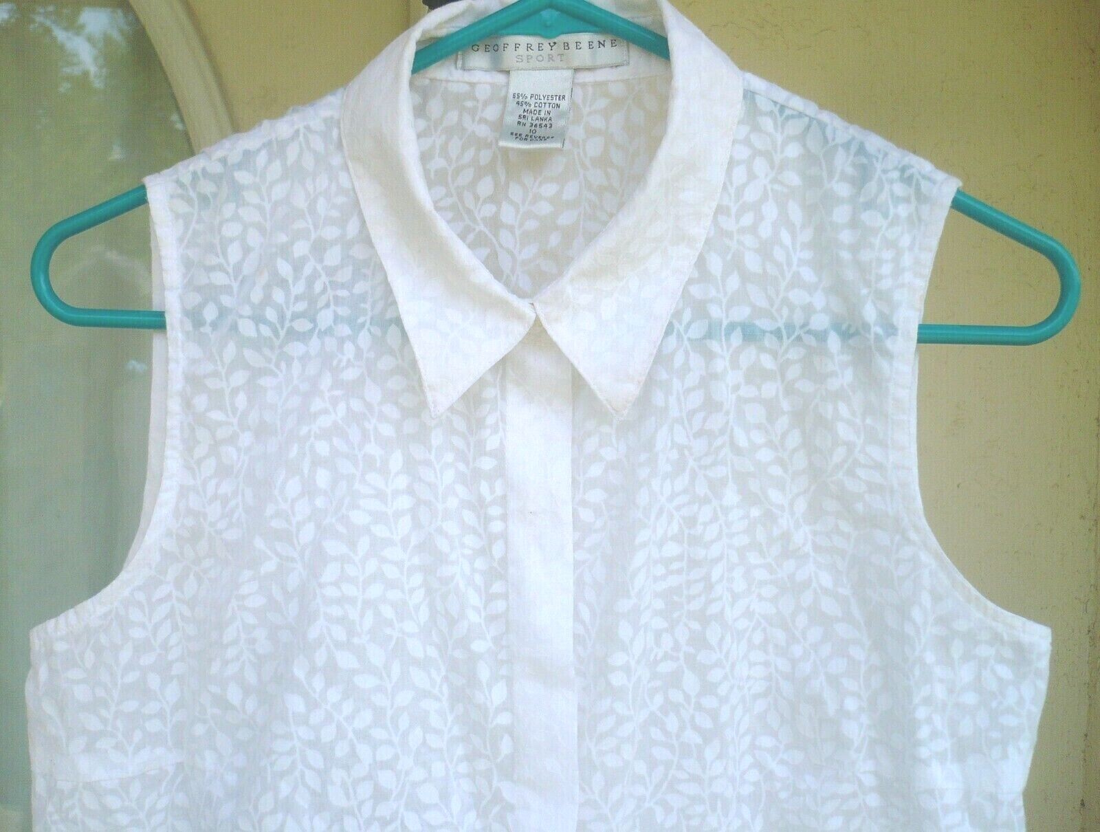 VTG 90S S M SLEEVELESS GEOFFREY BEENE WHITE BUTTON COTTON BLN VINE FLORAL BLOUSE