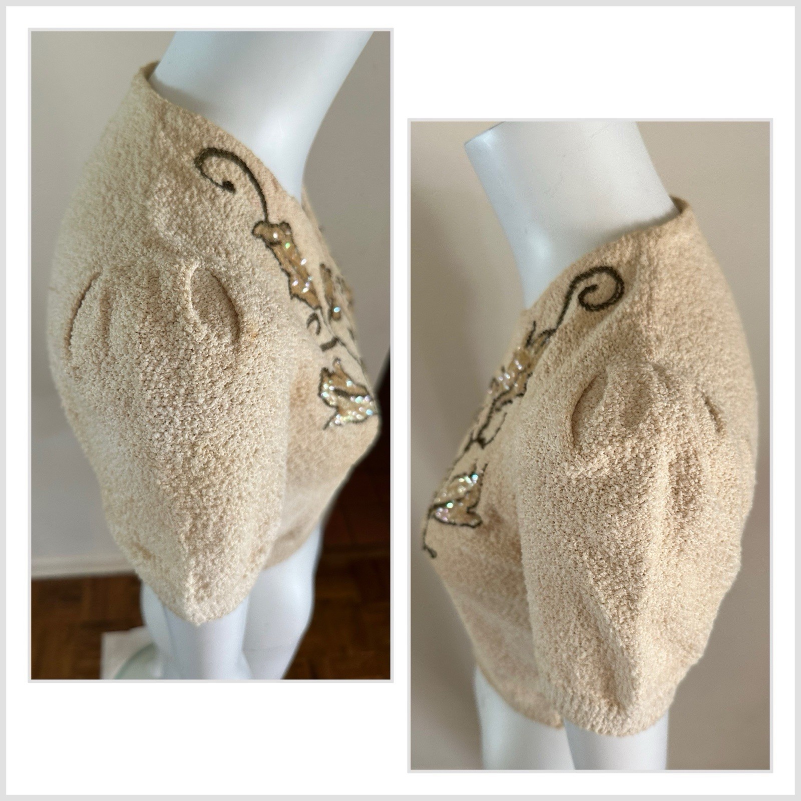 1930s Boucle Sequin Cardigan Sweater Talon Bell Zip Puff Sleeve Art Deco