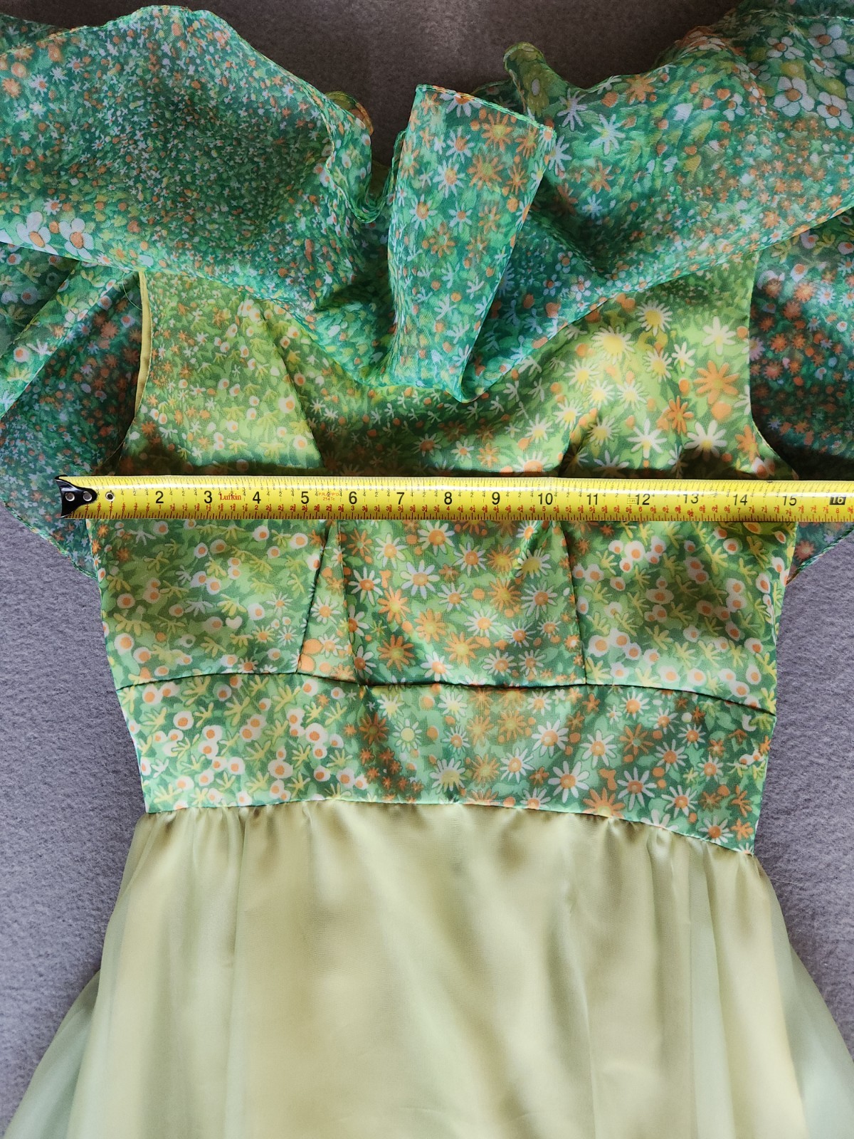 Vintage 60s Floral Chiffon Maxi Dress Ruffle Flutter Capelet Yellow Green Party