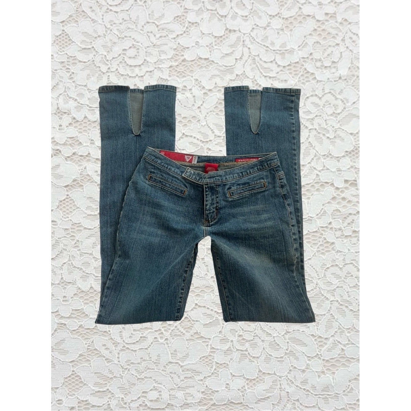 vintage guess low rise bootcut denim jeans with ankle slits