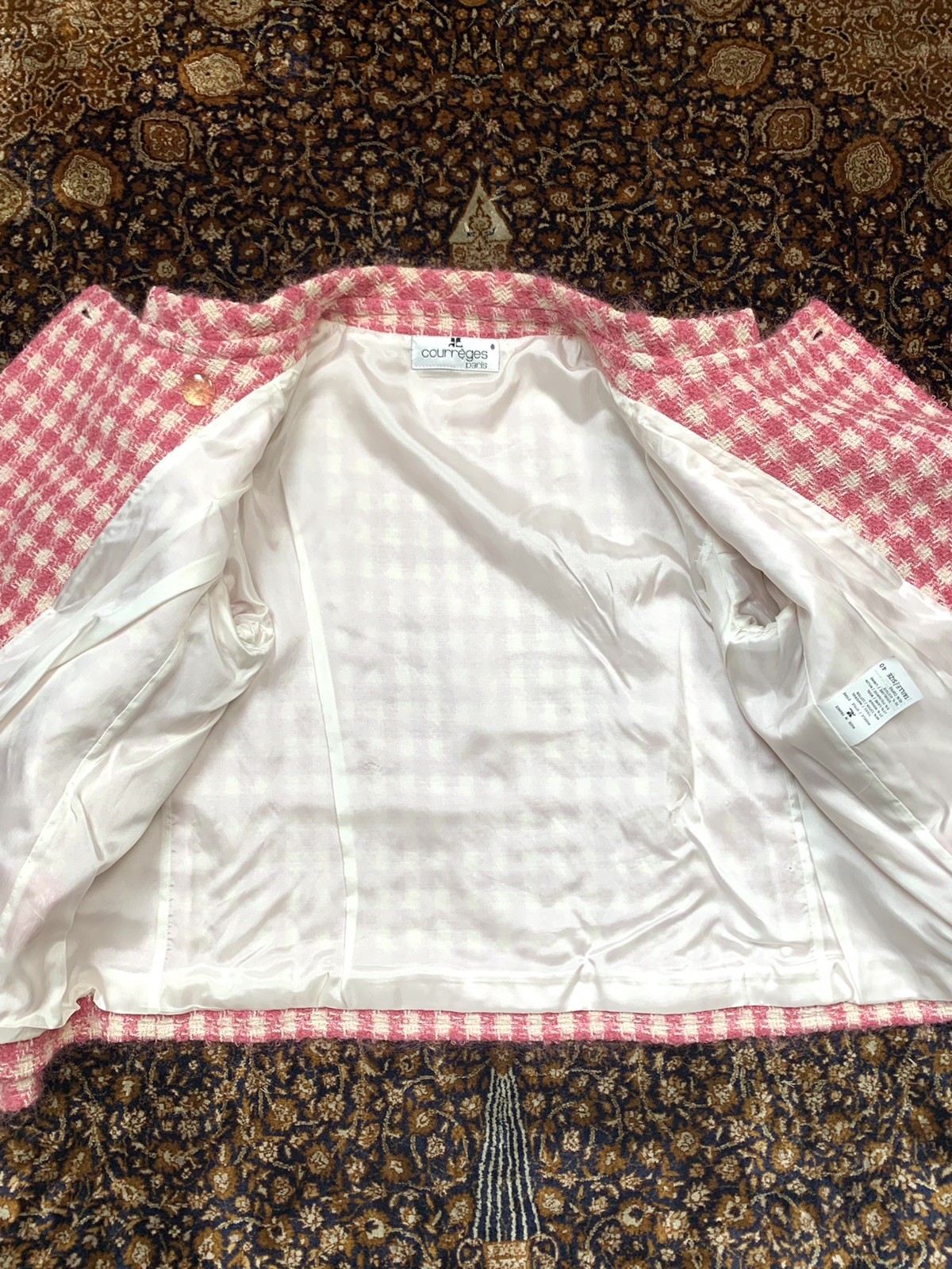 Vtg Courreges Skirt Suit Mohair Boucle Tweed Pink White Checks Womens 40 France