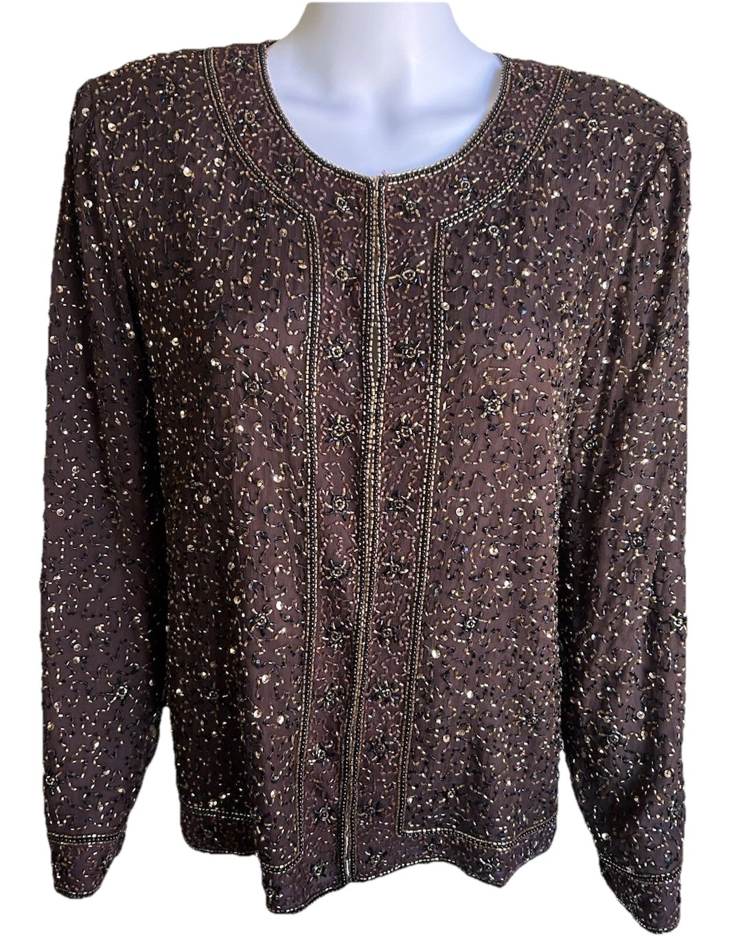 Vintage Stenay 100% Silk Beaded Sequin Jacket Women’s L Brown Art Deco Evening