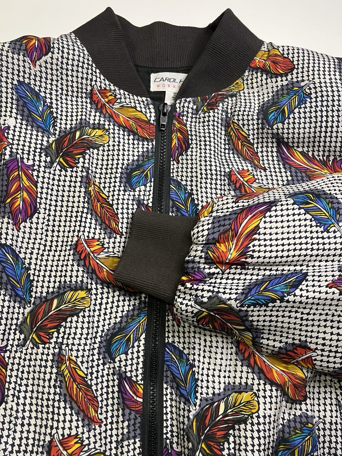 VTG 80s 100% Silk Bomber Jacket Carol Horn Feather Print W Sz M Oversized Retro