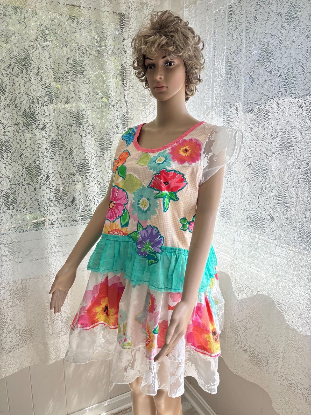 Upcycled Pinafore Dress: Floral Appliques, Lace Trim, OOAK Handmade Tunic