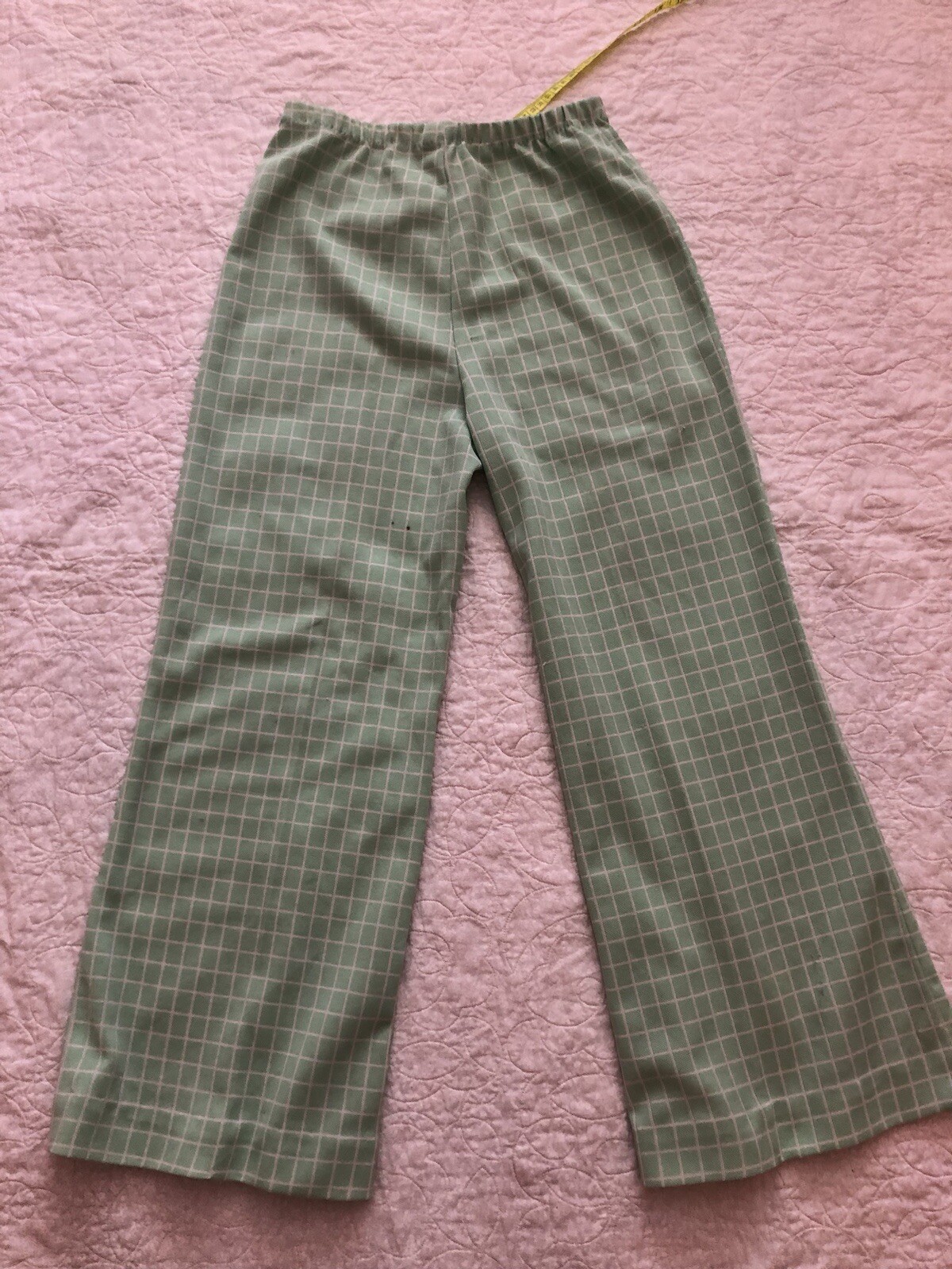 Vintage 70s White Light Green Bell Bottoms Polyester Pants Slacks Size 10-S/XS