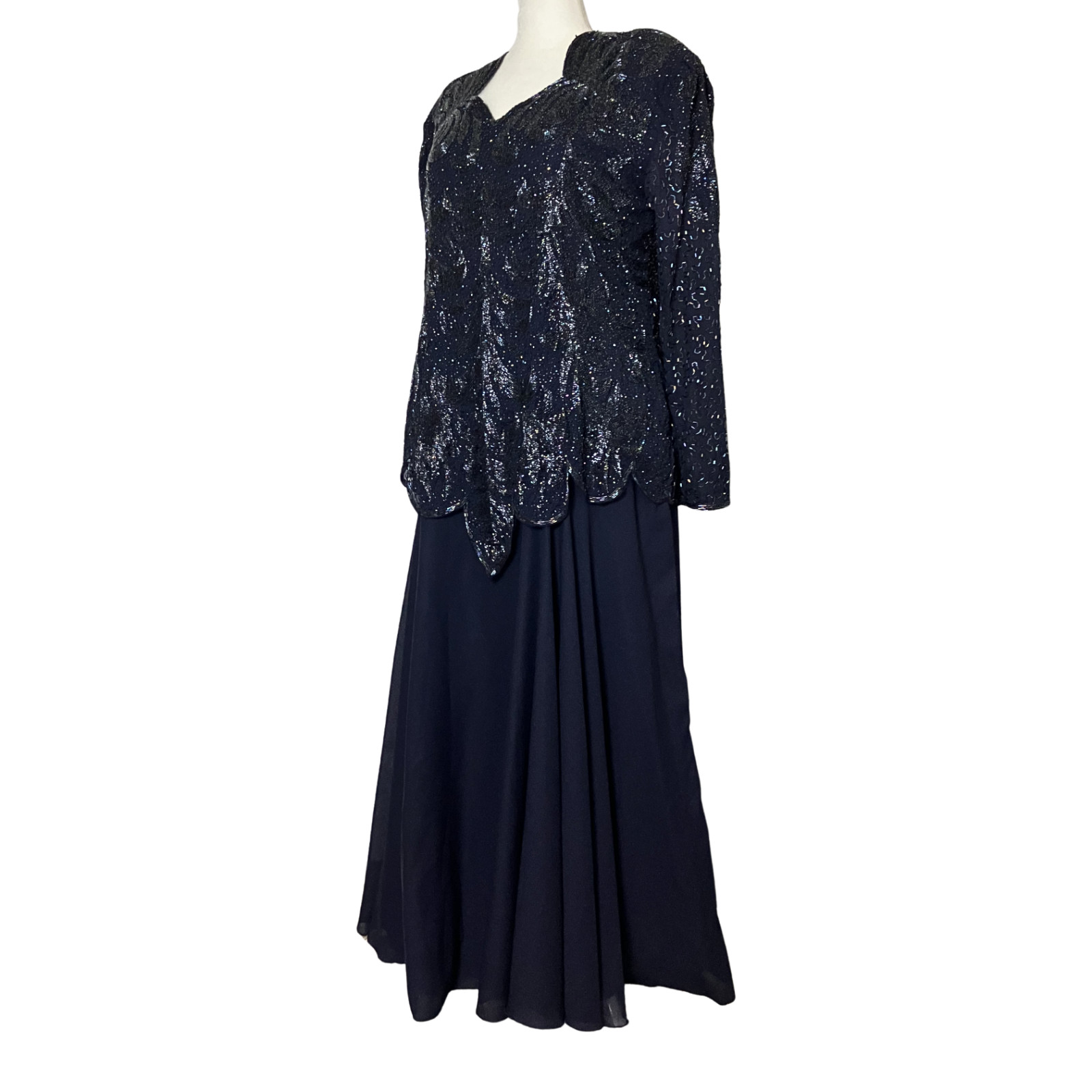 Vintage 80s 90s Navy Blue Beaded Formal Dress Long Sleeves. XL/XXL. Modest