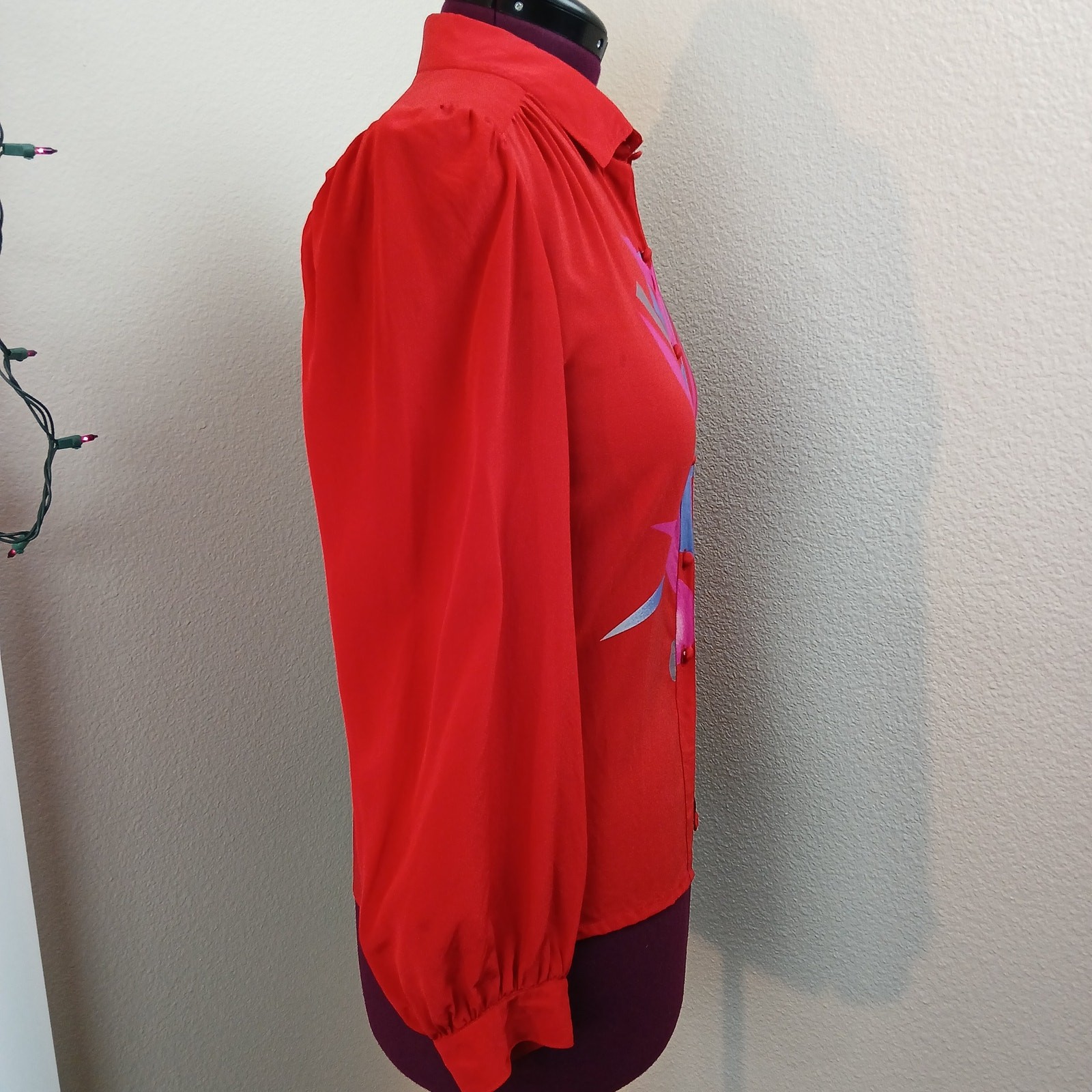 Mary McFadden Vintage 80s Red Silk Blouse 12 stains long sleeve collared buttons