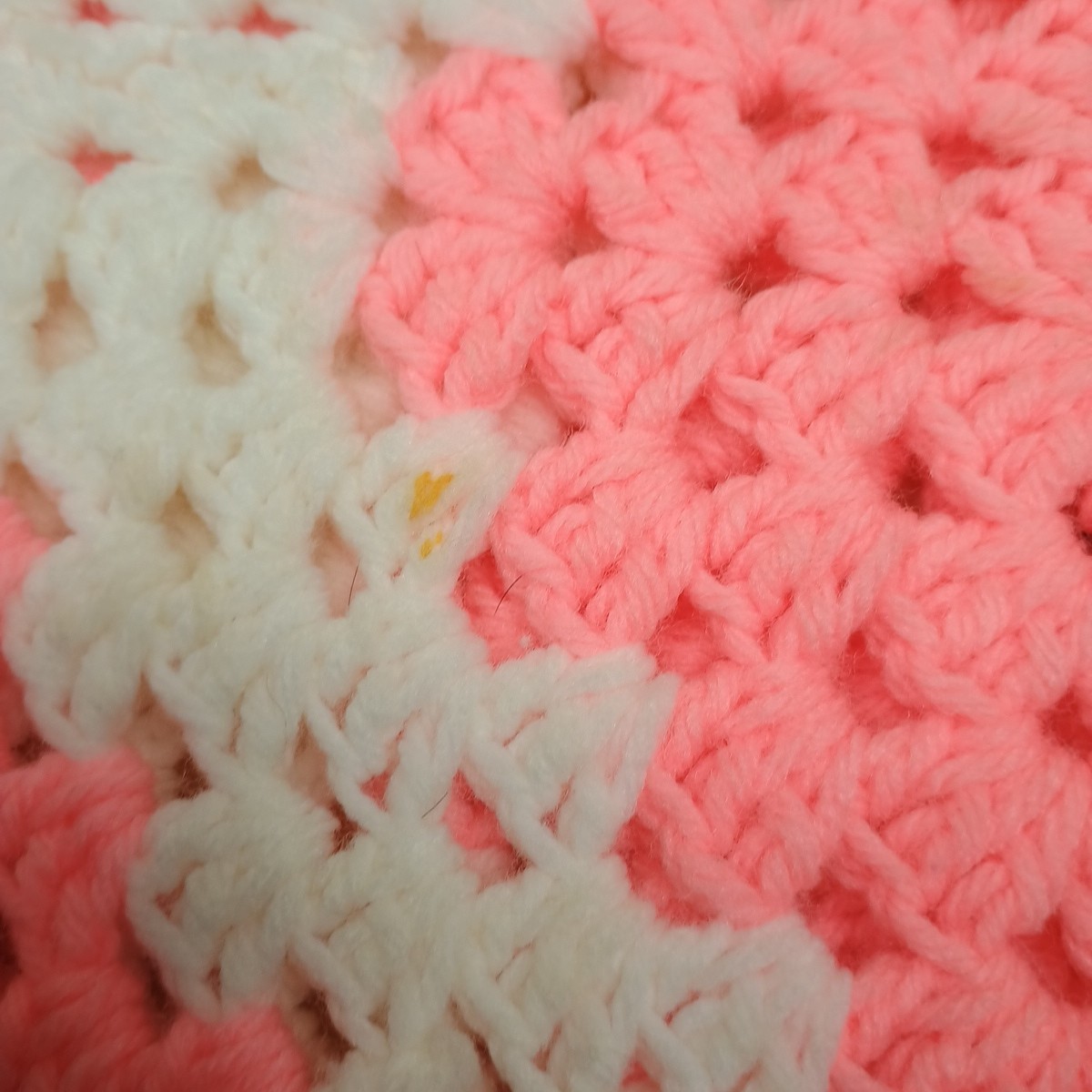 Hand Knit Granny Square Shawl, Cape, Wrap With Fringe Small Pink White Vintage