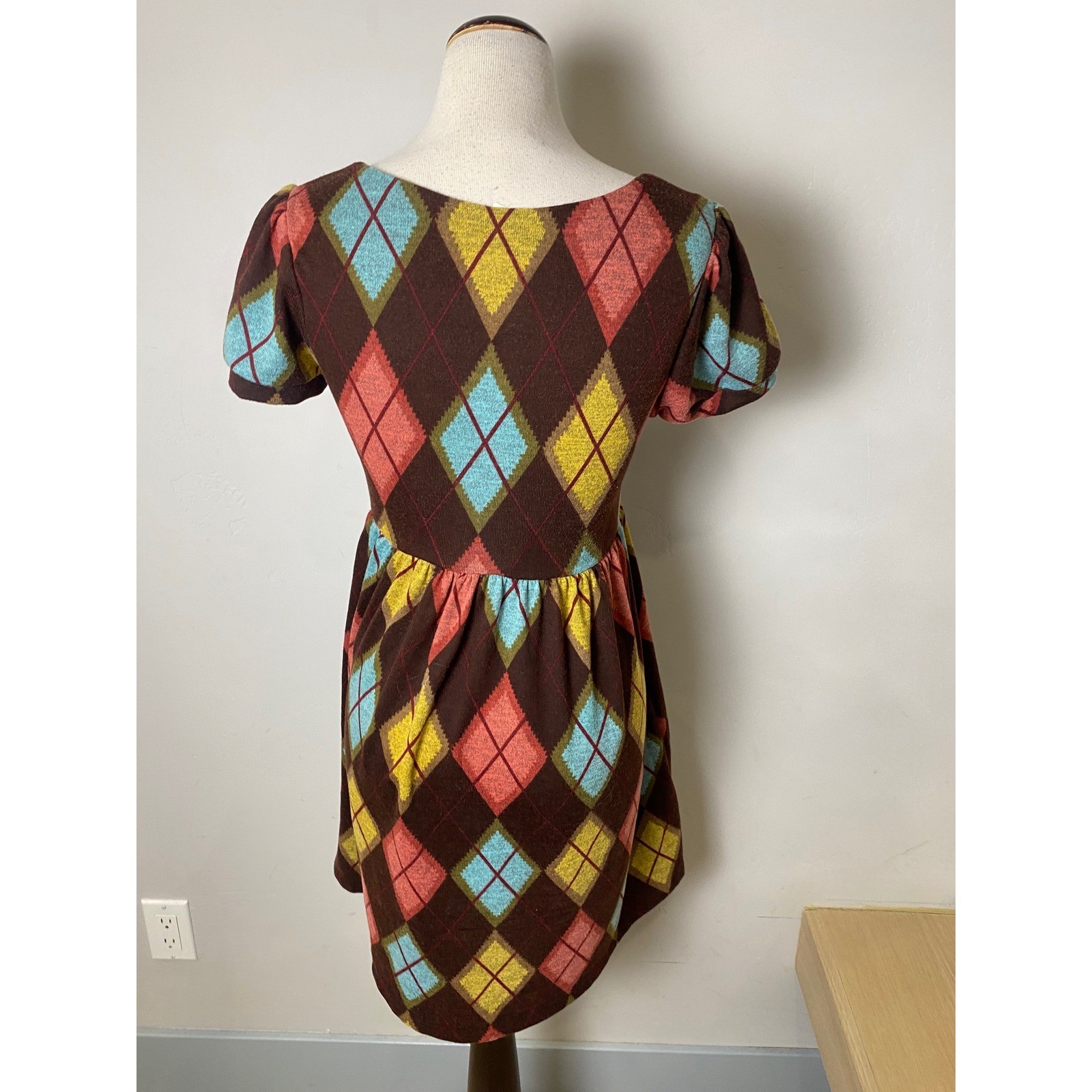 Vintage Necessary Objects Argyle Babydoll Dress Brown Y2K 90s Medium Grunge S/M