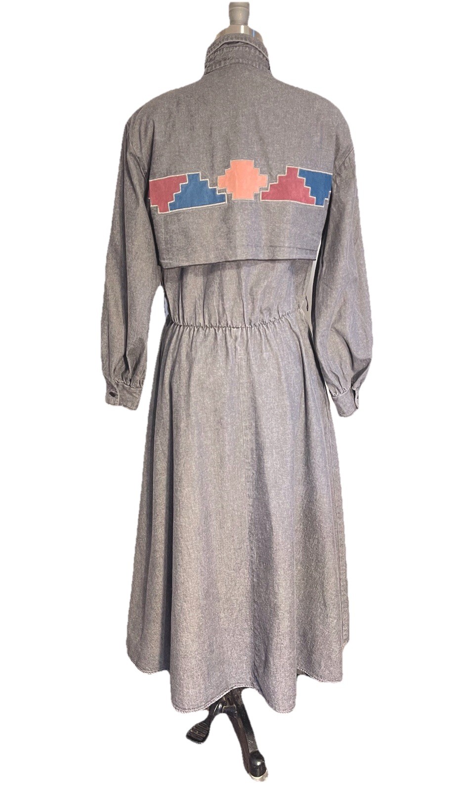 80’s Western Collection BOHO Long Denim Grey Dress Suede Embroidery, Size S-M