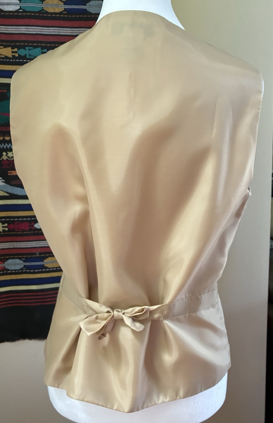 Vintage 90s Beige Tie Back Stephanie Andrews Embroidered Wool Vest size Medium