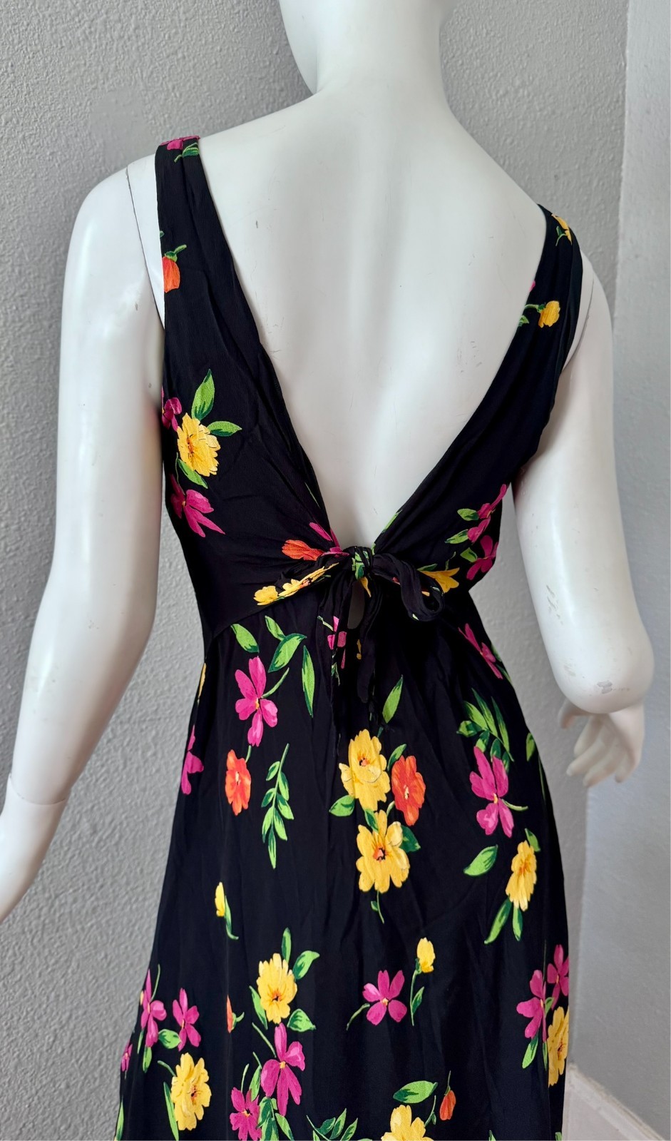 Vintage 90s Black Floral Femme Rayon Maxi Sun Dress M