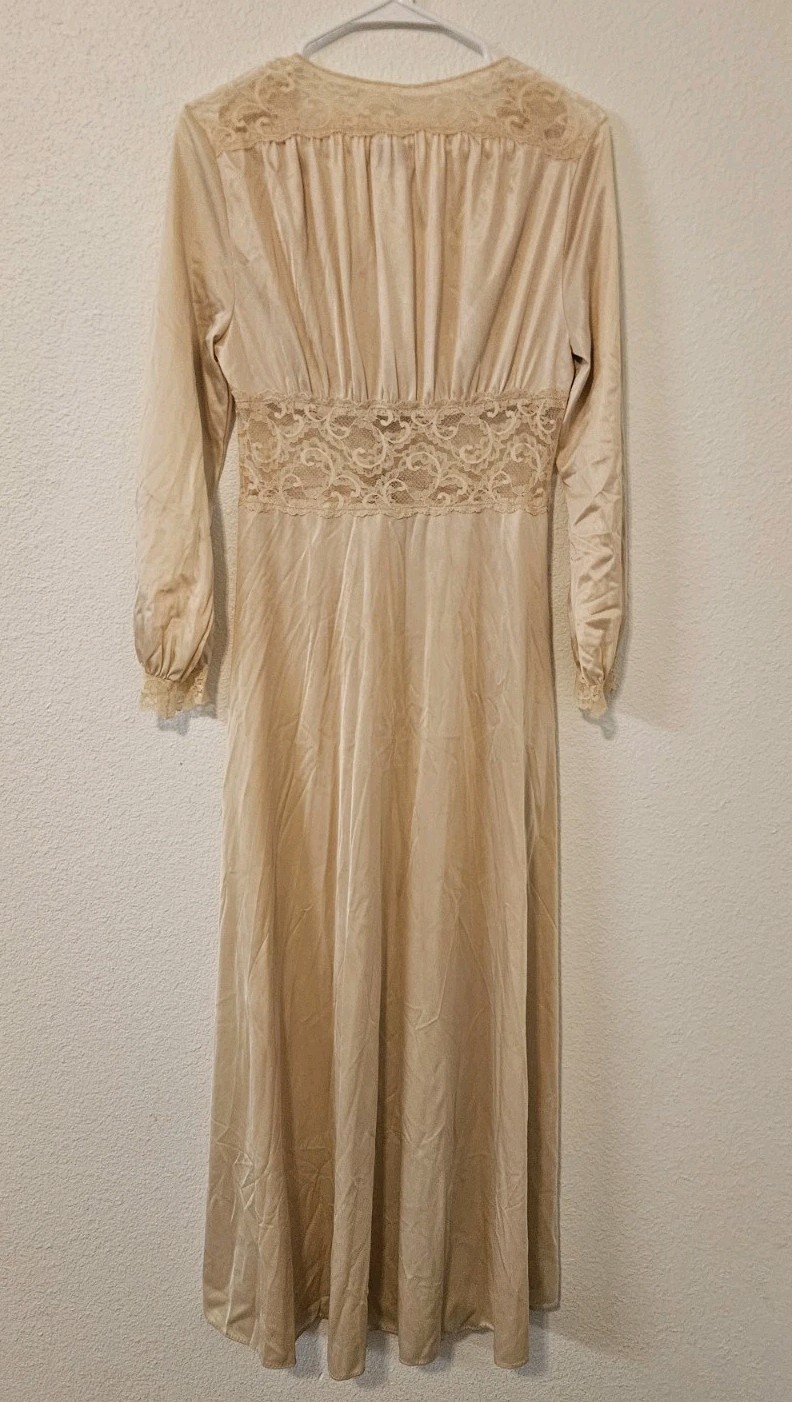 ​VTG 70s Maidenform Dreamwear Peignoir Set M Tan Beige Nylon Lace Robe Gown USA