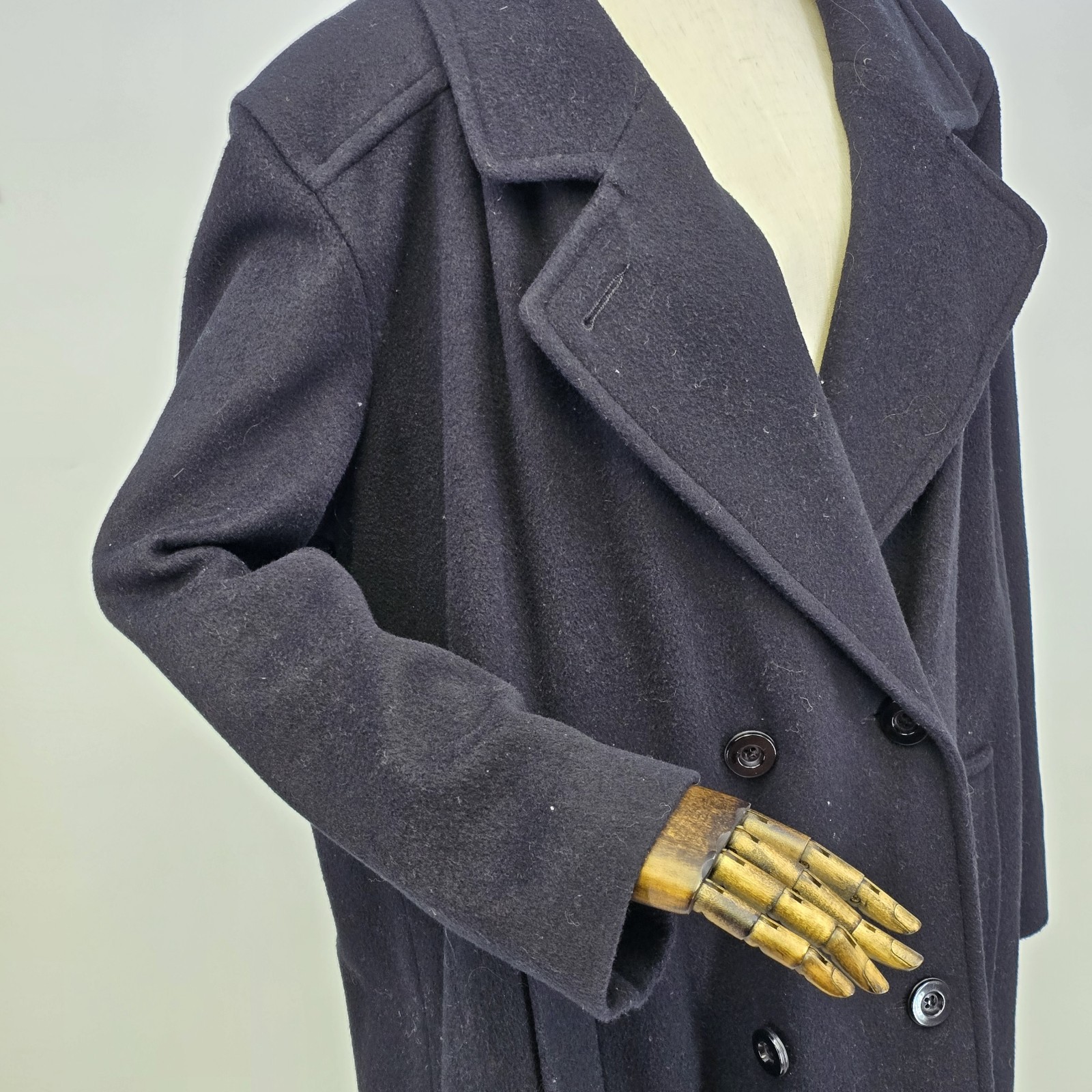 Perlette Black P-Coat Wool Blend Double Breasted Long Coat USA Made Vtg
