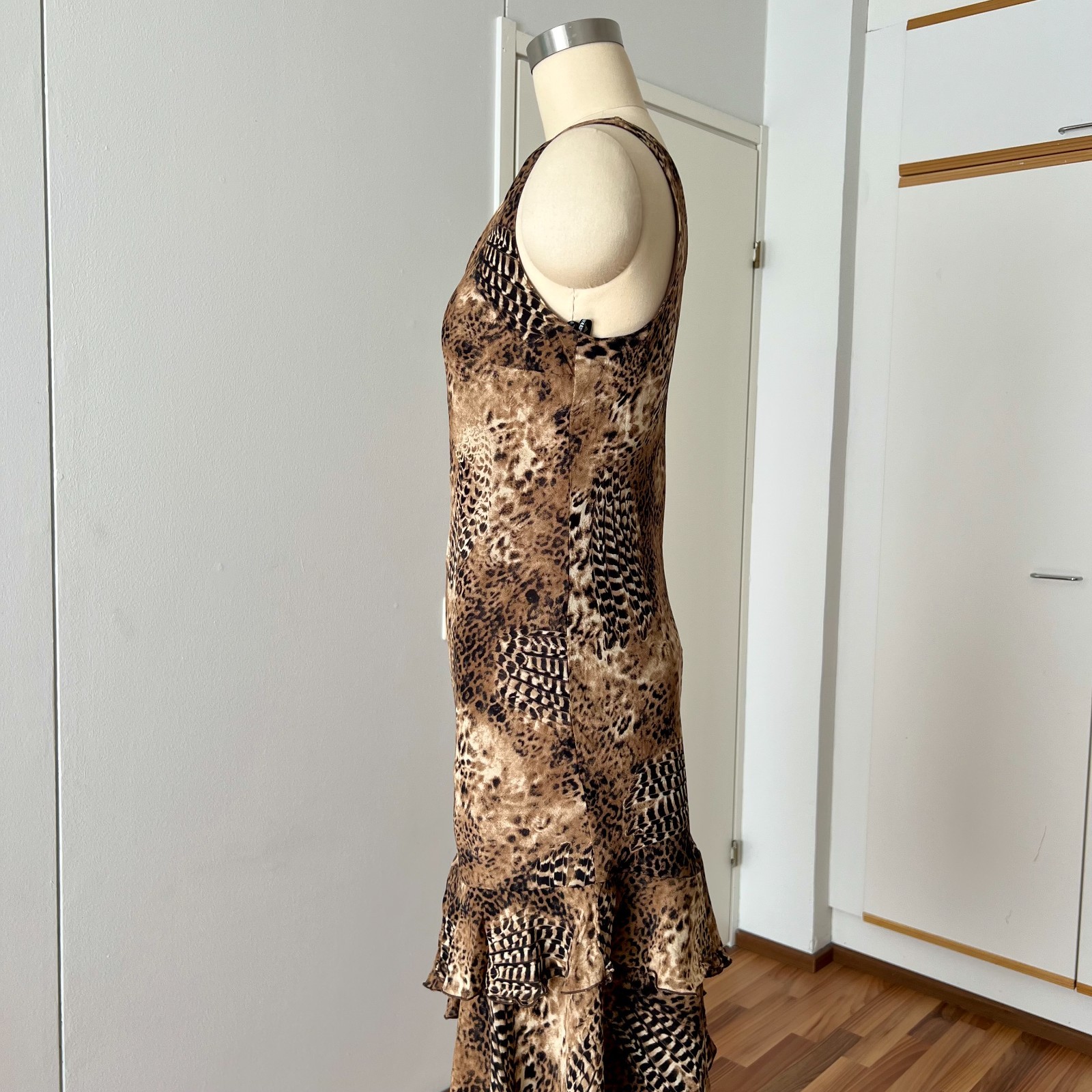 90s Leopard Print Midi Slip Dress Asymmetrical Hem Fairycore Bias Cut Slinky 44