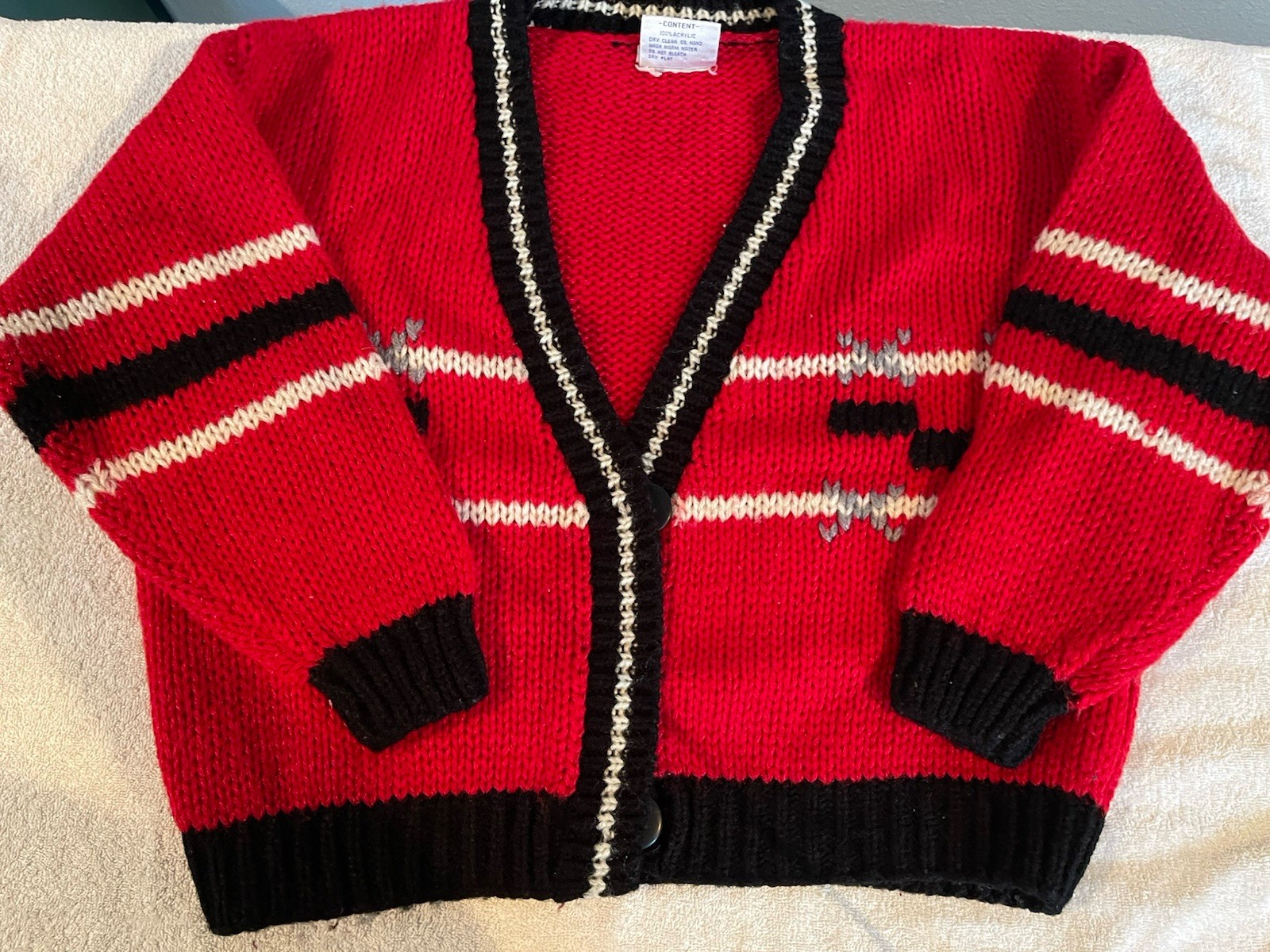 Vintage 80s Midnight Blues Hand Knit Wool Sweater Cardigan Red Black Pattern Kor