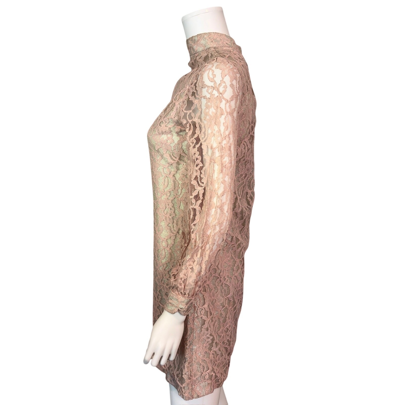 Vtg 60s Pink Metallic Lace Mini Dress S/M High Neck Mod Party Go-Go Sheer Sleeve