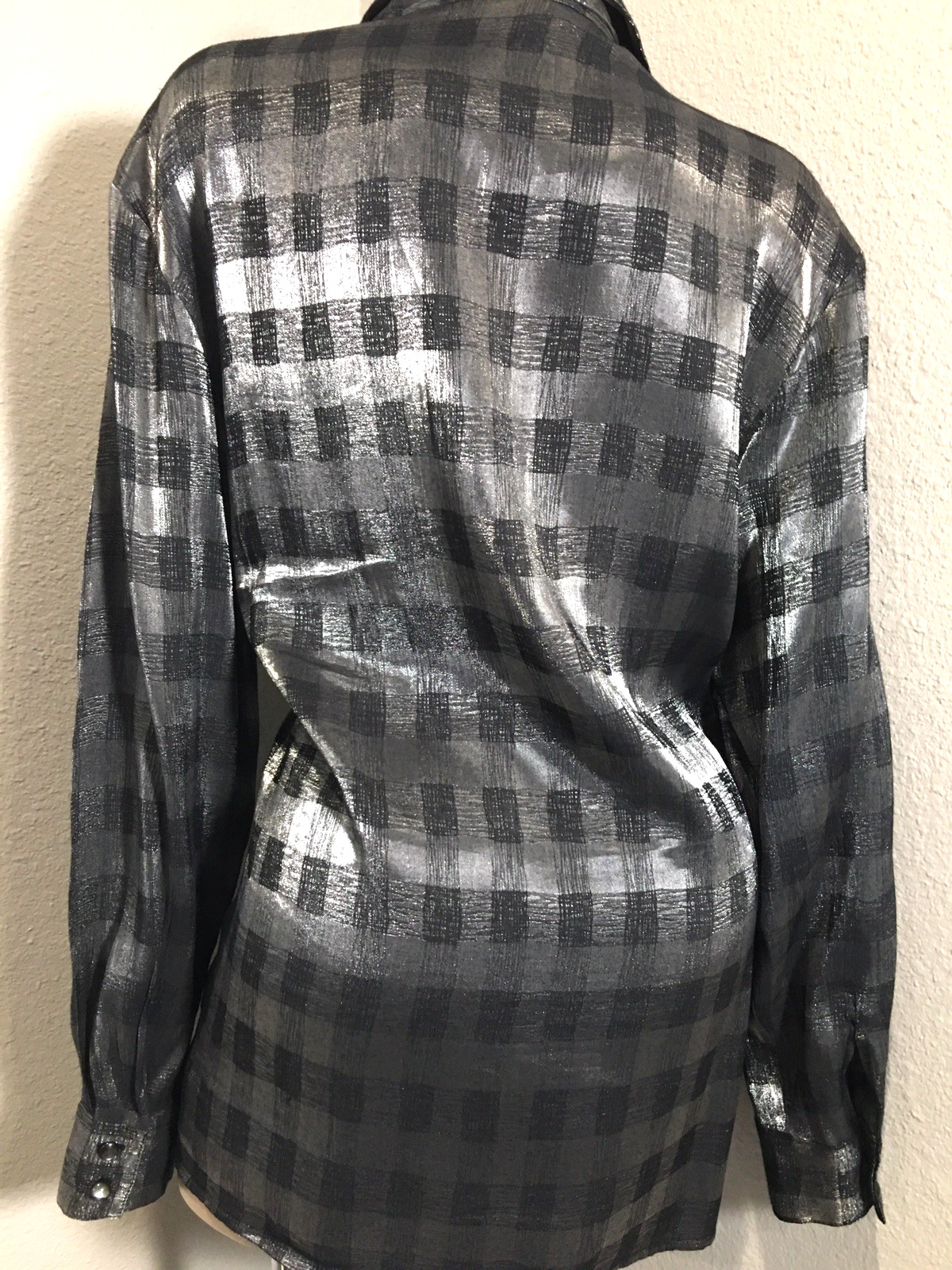 Vtg Silver Metallic Button Up Shiny Rayon Shirt Top XL