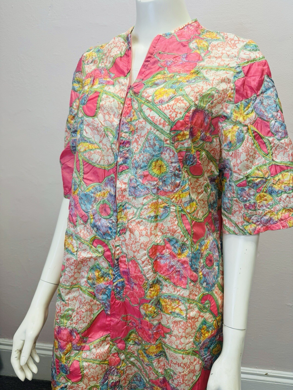 VTG RARE Caftan Kaftan Loungewear night Gown Dress robe glo pink floral zip S/M
