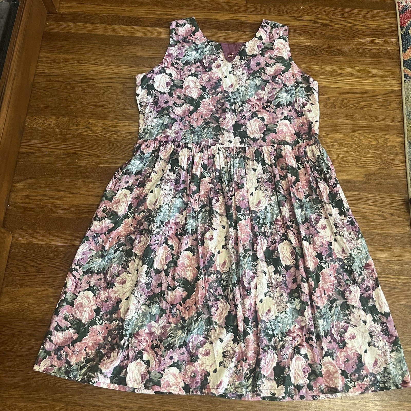 VTG Country Floral Jumper Dress Midi Mauve Rose Trad Cottage Prairie M L Cotton