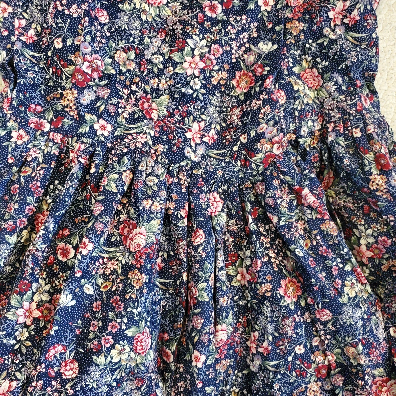 Vintage Prairie Dress XS Ditsy Floral Midi Navy Blue Sleeveless Cottage Core