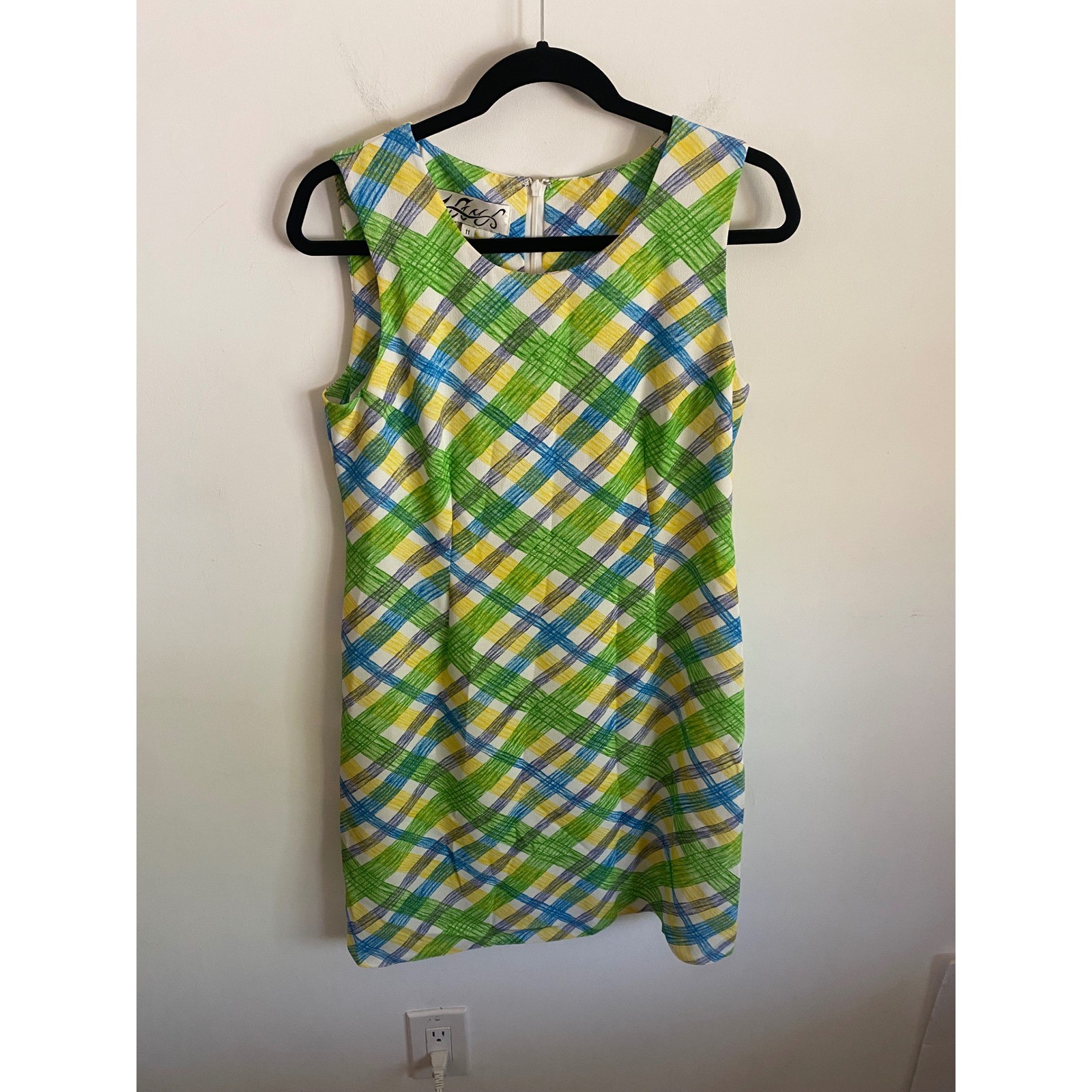 Vintage Mod Plaid Shift Dress Green Yellow Blue Sleeveless Size 11