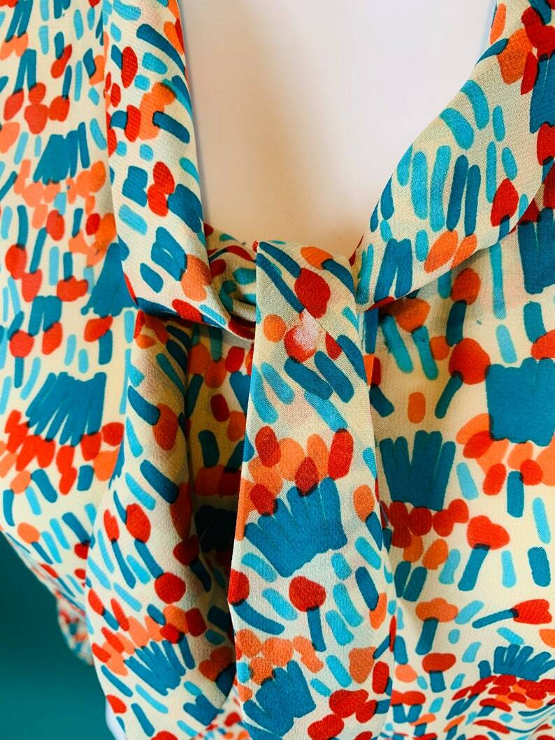 Vintage 1980s Silk Shirtdress Necktie Red Orange Blue Artistic Printed Dress