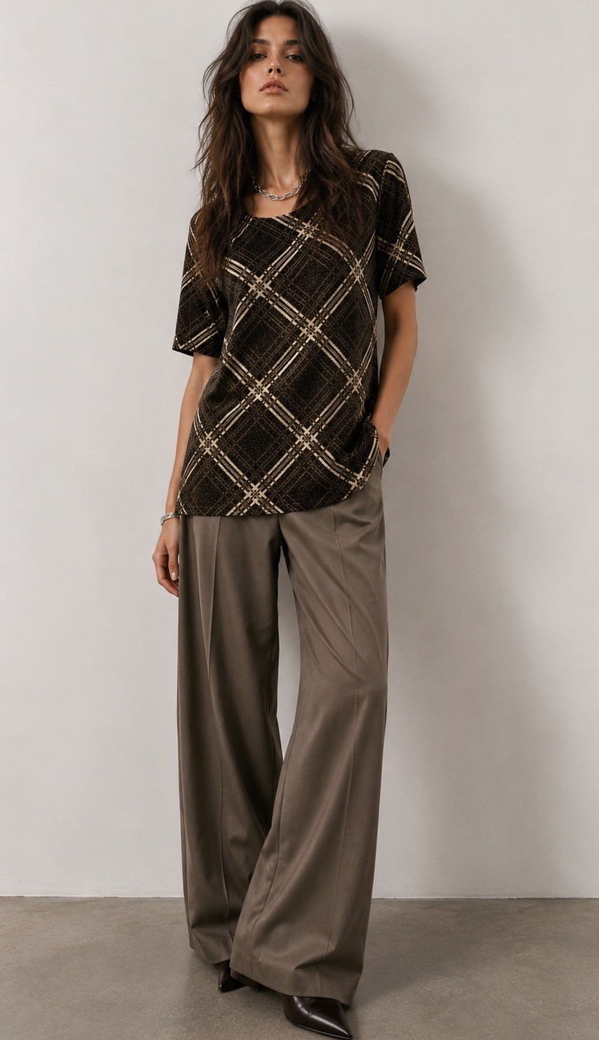 Vintage Blouse Argyle Print Office Glam Top Brown Gold Stretch Lurex Statement M