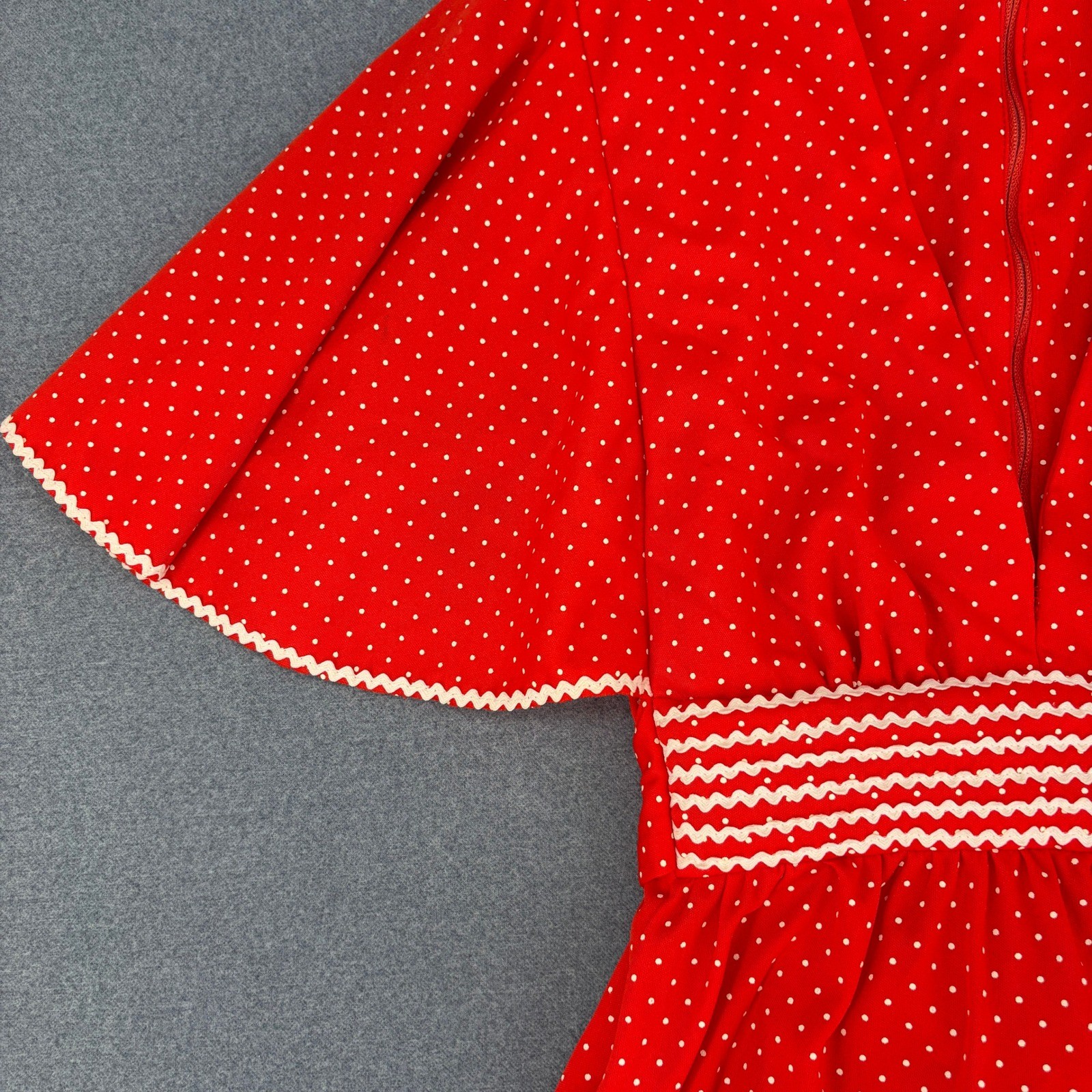 Vintage 70s ILGWU Red Polka Dot Flutter Sleeve Maxi Dress Rick Rack Trim Small S