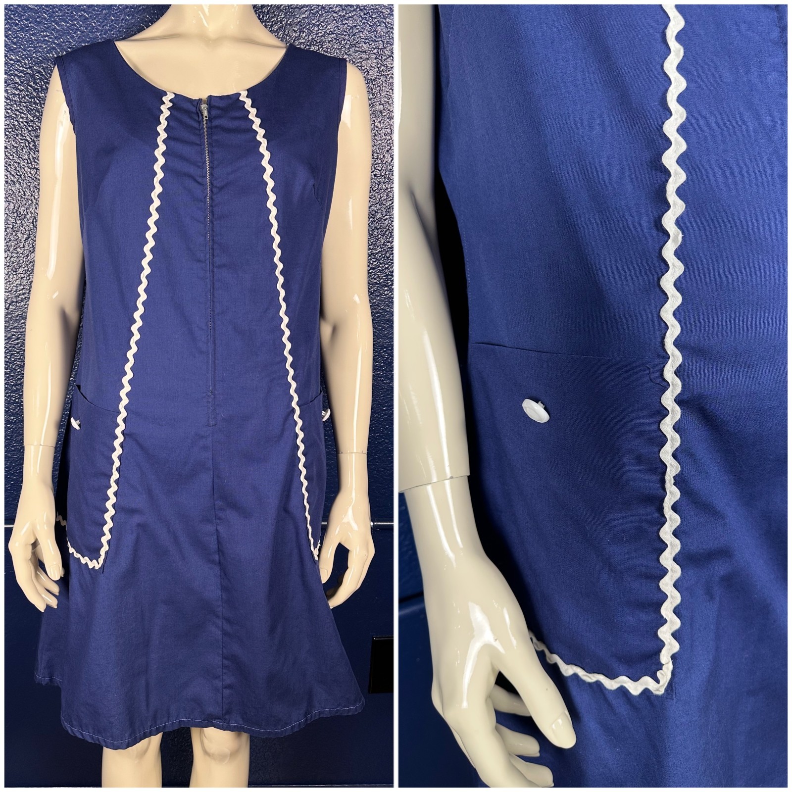 Vintage 1970’s Navy Blue Poly/Cotton Zip Up Sleeveless House Dress Mod M/L