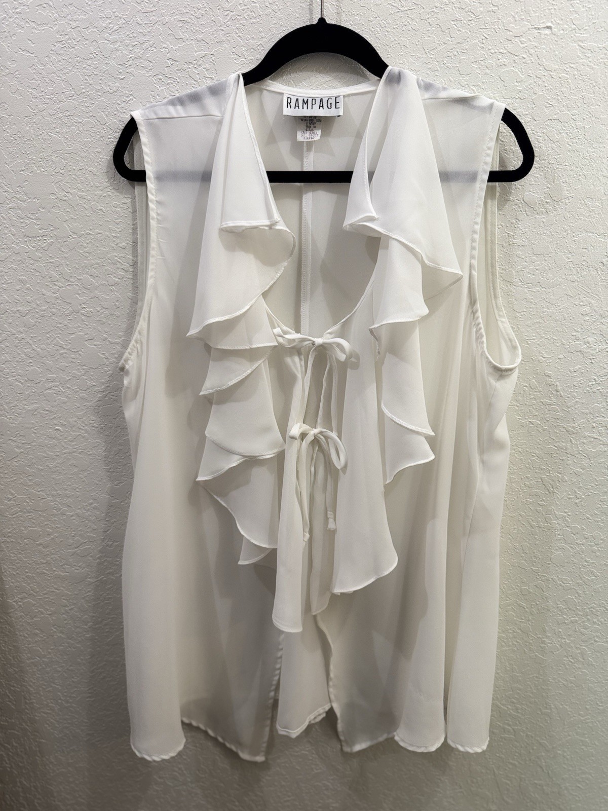 RAMPAGE White Ruffle Sleeveless Blouse Sheer Tie Front Y2K Boho Festival Fairy L