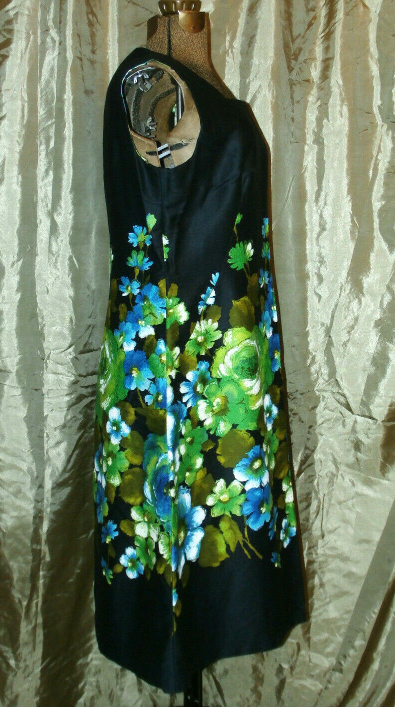 EUC Vintage Sz 40″ bust M Black Home Made Sleeveless DRESS Big Aqua Floral