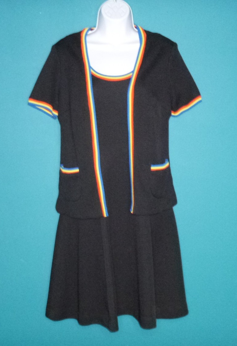 Vtg 70s Kelly Arden Stretch Poly Mini Dress W/ Cardigan Black Rainbow Trim Sz S